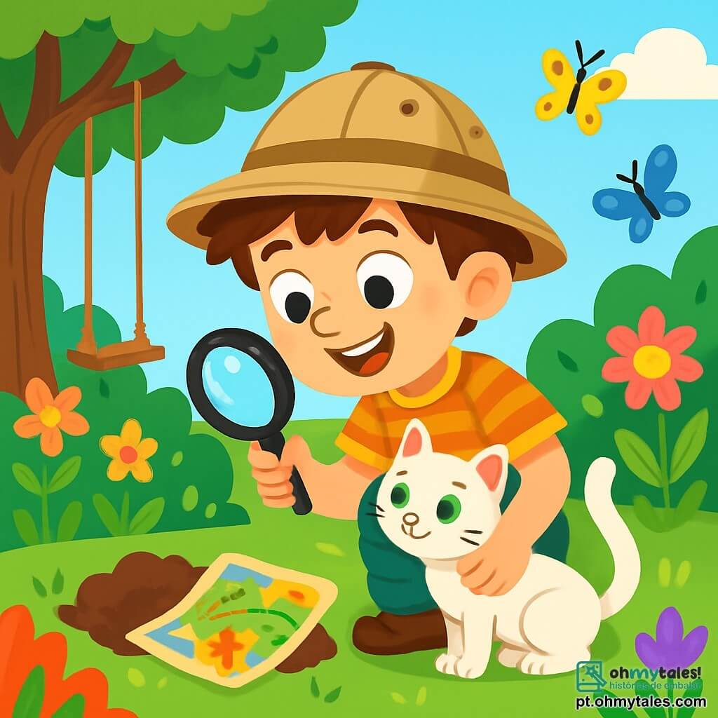 Um garoto de 8 anos, chamado Lucas, com cabelos castanhos bagunçados e olhos brilhantes de curiosidade, usa um chapéu de explorador e uma camiseta listrada. Ele está agachado, segurando uma lupa de brinquedo, com um grande sorriso no rosto, pronto para descobrir um tesouro escondido em seu jardim. Ao seu lado, seu gato Pipoca, um pequeno felino de pelos brancos e olhos verdes, se esfrega em sua perna, curioso pela aventura. O jardim é vibrante, cheio de flores coloridas, grandes árvores verdes e um velho balanço de madeira que range suavemente ao vento. Borboletas multicoloridas voam ao redor, acrescentando um toque mágico à atmosfera. Lucas, com o coração batendo de excitação, acaba de descobrir um misterioso pedaço de papel colorido, um velho tesouro que parece indicar um caminho secreto pelo jardim.