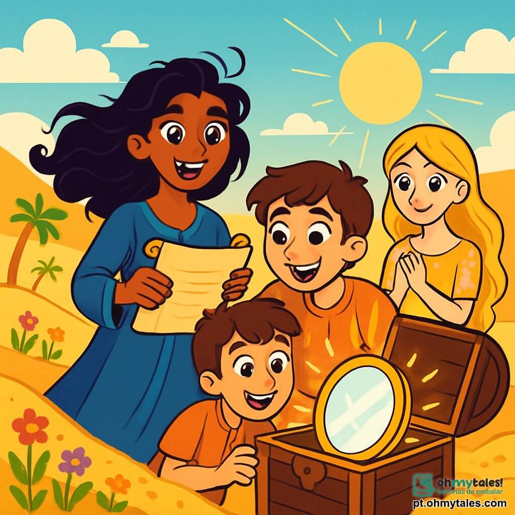 Safira, uma jovem com olhos brilhantes como estrelas, está de pé em uma duna dourada, com o vento brincando em seus cabelos negros e cacheados. Seu rosto expressa uma determinação alegre, enquanto segura um antigo manuscrito em suas mãos. Ao seu lado, Fadil, um garoto de cerca de 12 anos, com cabelos castanhos e olhos curiosos, admira o manuscrito, seu sorriso largo revelando seu entusiasmo. Lila, uma jovem de longos cabelos dourados e vestido cintilante, observa um pouco à distância, seus olhos cheios de esperança fixos em Safira, pronta para ajudá-la nesta aventura. O cenário é um deserto mágico, com dunas de areia dourada, flores coloridas e palmeiras verdes. O céu é de um azul brilhante, com nuvens brancas fofas, e o sol brilha intensamente, criando sombras dançantes no chão. A situação principal mostra Safira, Fadil e Lila descobrindo um antigo baú enterrado na areia, com raios de luz emanando de seu interior, revelando um espelho mágico. Os personagens estão em plena exploração, com os rostos iluminados pela emoção da descoberta, prontos para liberar o segredo escondido dentro do baú.