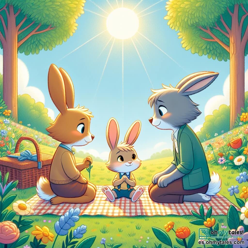 En un bonito parque soleado, un pequeño conejito llamado Roco, con un pelaje suave y grandes orejas, está de pie sobre una manta de picnic, luciendo pensativo y un poco triste, mirando a sus padres con ojos brillantes. A su lado, su mamá, una conejita de orejas grises y una sonrisa reconfortante, le tiende una mano suave, mostrando una expresión de amor y apoyo, mientras que su papá, un conejito de pelaje marrón, se agacha junto a ellos, con una mirada tranquilizadora y una mano en el hombro de Roco. El parque está lleno de flores coloridas, grandes árboles verdes y un cielo azul brillante, creando una atmósfera cálida y acogedora. La escena muestra a Roco hablando con sus padres, expresando sus sentimientos sobre su separación, mientras ellos lo escuchan atentamente, rodeados de la belleza de la naturaleza, ilustrando el amor y el apoyo familiar a pesar de los cambios.
