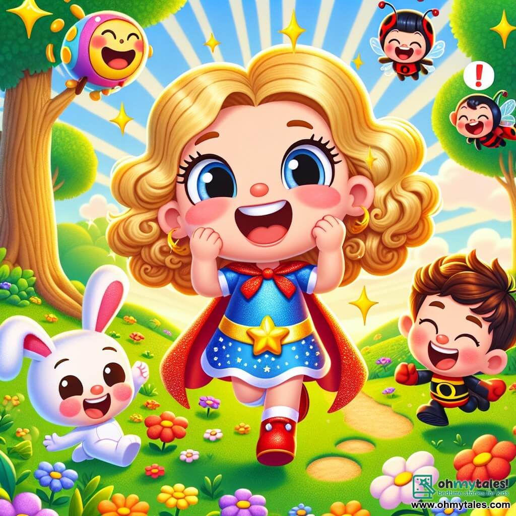 Super Sally, a young woman with curly golden hair, wears a colorful costume with a red cape and shiny stars. She has a big smile on her face, showing her joy and determination, while making funny sounds with her mouth, surrounded by bubbles of laughter. Benny, a little bunny boy with big ears and white fur, is joyfully hopping next to her, his eyes sparkling with excitement. Lucy, a little ladybug girl with red and black wings, flies around them, laughing and clapping enthusiastically. The scene takes place in a sunny park, with a large tree with bright green leaves and a carpet of colorful flowers under their feet. Sun rays filter through the branches, creating a joyful and magical atmosphere. Super Sally uses her comedic powers to distract the Giggling Gnomes, who dance and tumble into a pile of leaves, laughing heartily. The friends enjoy this moment of joy, filled with laughter and happiness.