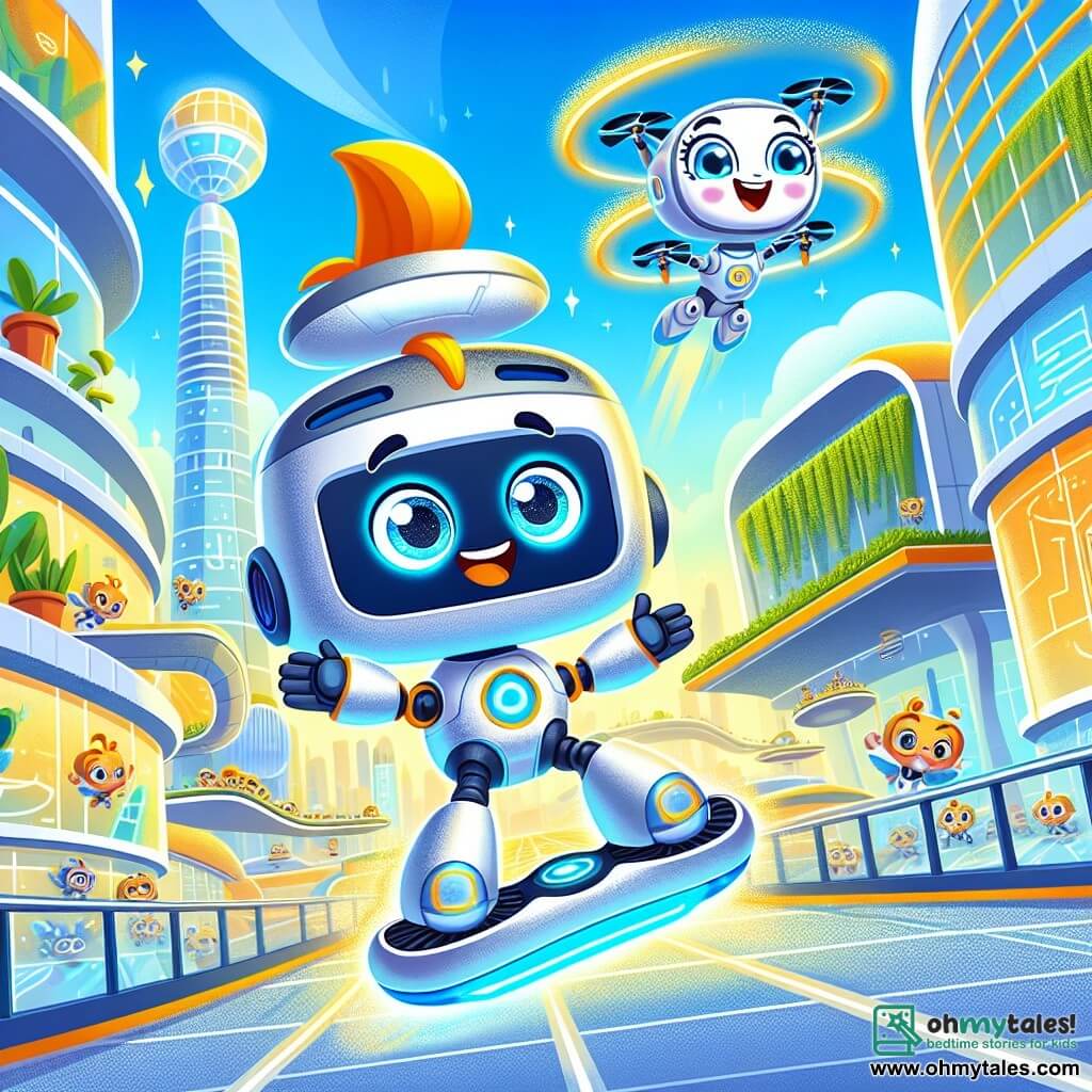 A little robot named Sparky, shaped like a toaster with wheels, has a big smile and sparkling blue eyes full of curiosity. He joyfully floats on a hoverboard with his arms open, marveling at the futuristic landscape around him. Next to him, Lexi, a cheerful drone with propellers, twirls in the air, her eyes sparkling with joy, enthusiastically encouraging Sparky. She performs loops, adding a dynamic touch to the scene. The setting is the Transportation Hub of Brightopolis, a vibrant space where futuristic vehicles of all shapes fly in a bright blue sky. Shimmering glass buildings rise around, and hanging gardens add greenery to this technological landscape. The main scene shows Sparky discovering the magic of hoverboards, floating in wonder above the city while Lexi encourages him to explore this fascinating world filled with light and innovation.