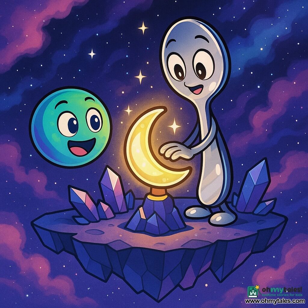 Spinner, a small shiny metal spoon, stands at the center of a floating crystal island, her eyes wide with wonder and curiosity. Her body sparkles under the starlight as she gently touches the Echo of Elysia, a crescent-shaped artifact pulsating with a soft golden glow. Next to her, Glimmer, a colorful sphere with shifting shades of blue and green, joyfully floats, her colors vibrating with excitement. She smiles broadly, her eyes sparkling with curiosity as she admires Spinner. The setting is a dazzling nebula filled with swirling clouds of vibrant colors—purple, pink, and blue—that shimmer like diamonds in the darkness of space. Filaments of stardust dance around them, creating a magical and mysterious atmosphere. The main scene shows Spinner and Glimmer discovering the Echo of Elysia, a moment of revelation and wonder as they realize this artifact holds the secrets of the universe and a message of peace to share with all beings in the galaxy.