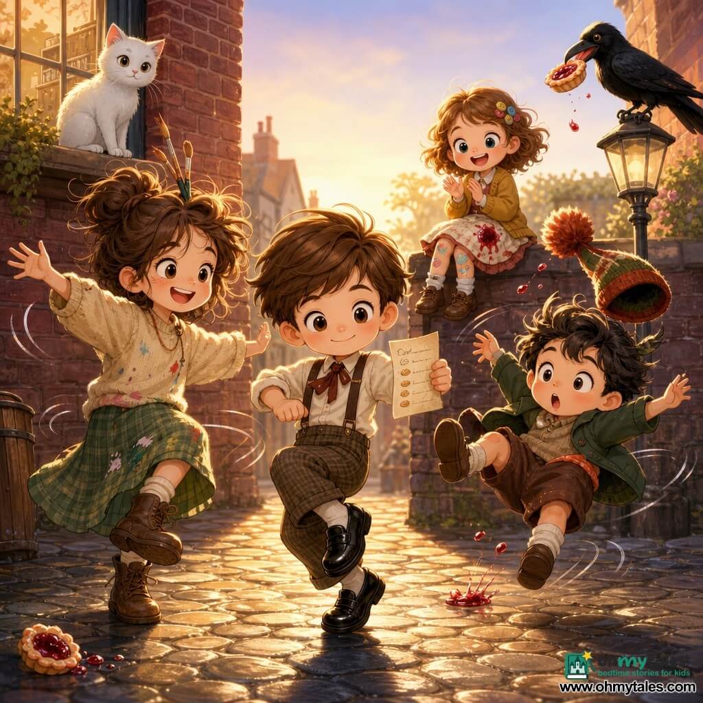 An 8-year-old boy, Oliver, round-faced with a gentle smile, tidy hair and shiny shoes, holds a small paper list and dances confidently at center stage with a joyful focused expression; to his left Bea, about 9, tall with tousled brush-like hair, laughs and makes a big balancing arm gesture; to his right Idris, about 8, small and mischievous, wears a pompom hat that flies off as he watches it in surprise; in the background Mina, about 7, small and playful with colorful stickers on her knee and a smear of red jam on her skirt, sits on a low wall clapping; a glossy black crow perches on a nearby lamppost holding a small jam tart in its beak; the setting is a cobbled alley behind a bakery with red brick walls, a paned window with a white cat on the sill and a golden sunset beam lighting the scene; overall a warm, slightly chaotic dance scene — falling hats, jam splatters, exaggerated gestures and laughter — in vivid pastel colors, strong contrasts and very readable expressions.