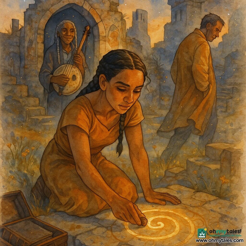 Main woman: Safi, a young woman with gentle determined features, light brown skin, tightly braided black hair, simple ochre dress, tense but resolute face; she kneels on a stone platform placing a small carved wooden bead onto a spiral symbol engraved in the stone. Safi’s emotion: weary yet calmly brave, focused expression, moist but steady eyes, upright despite exhaustion. Secondary 1: the griot, an elderly dark-skinned man with gray braids and a kora on his shoulder, smiling kindly; he stands in a collapsed archway a few steps behind Safi, watching with relief. Secondary 2: Bemba, an adult man in his mid-30s with medium skin and a honey-colored shiny robe, looking upset and defeated; he stands at the scene’s edge turning away, slightly hunched. Place: ruins of Mawu-Lani at dusk, broken stone towers, grass-covered steps with small yellow flowers, walls with flaked frescoes of queens and hunters, a broken arch in the background, burn marks in a spiral on the central platform. Light and mood: soft golden glow emanates from the spiral symbol, dust motes lit like tiny stars, calm atmosphere with bluish shadows and warm highlights. Graphic details: rough cracked stone textures, polished veined wooden bead, copper stitching on a grimoire in an open chest nearby, controlled watercolor splashes suggesting wind and dust. Composition: mid-centre framing on Safi and the spiral, depth showing the griot behind and Bemba departing, leading lines toward the broken arch, palette of ochres, browns, soft blues and touches of gold.