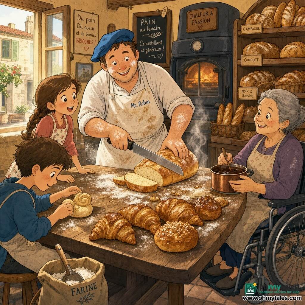 Mr. Robin, a smiling, kindly baker with a flour-dusted round face and a slightly askew blue cap, slices a warm loaf with a large bread knife at a sturdy wooden table piled with golden loaves and flaky croissants; eight-year-old Sami, bright-eyed with a brown braid and a small floral apron, stands left with hands on the table, ten-year-old Tomás, short-haired and focused, sits nearby shaping a snail-shaped brioche, and Rosa, about fifty with tied gray hair in a wheelchair to the right, holds a jar of chocolate, all sharing slices in a sunny, cozy bakery with cement tile floors, wooden shelves of bread, a warm oven at the back, light dustings of flour and gentle steam rising from the bread, in warm ochre, honey and brown tones.