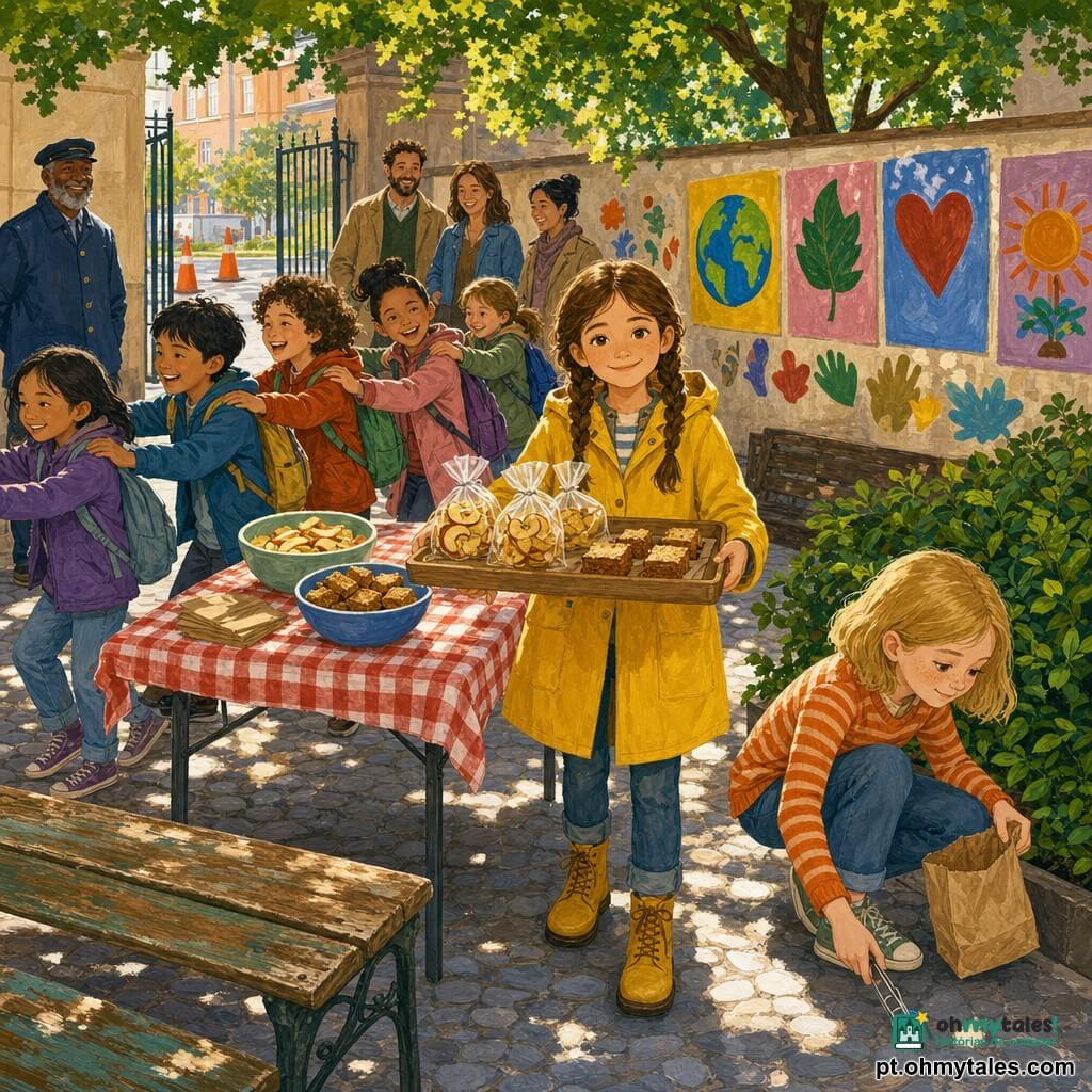 Três meninas: uma de 11 anos, cabelo castanho em trança, pele clara, casaco amarelo e botas, no centro segurando uma bandeja com saquinhos de chips de casca de maçã e quadradinhos de bolo de banana, em frente à mesa do lanche; outra de 10 anos, cabelo preto cacheado, pele morena, colete verde e mochila azul, à esquerda distribui autocolantes em forma de pezinhos e ajuda a organizar um "comboio" de crianças; a terceira, 11 anos, cabelo loiro curto, pele clara com sardas, suéter listrado laranja e ténis, agachada à direita com uma pinça e um saco de papel para apanhar uma cápsula plástica presa num arbusto. Local: pátio escolar pavimentado pela manhã, árvores com sombras, banco de madeira, mesa dobrável com toalha xadrez, cones laranja junto ao portão e cartazes coloridos no muro. Situação: Dia Sem Carros — um grupo de crianças chega a pé em festa, pais e porteiro ao fundo; na mesa há bolachas e pudim de pão feitos com sobras, etiquetados "lanche anti-desperdício"; cena luminosa e calorosa com gestos concretos de cuidado: recolher lixo, partilhar e distribuir.