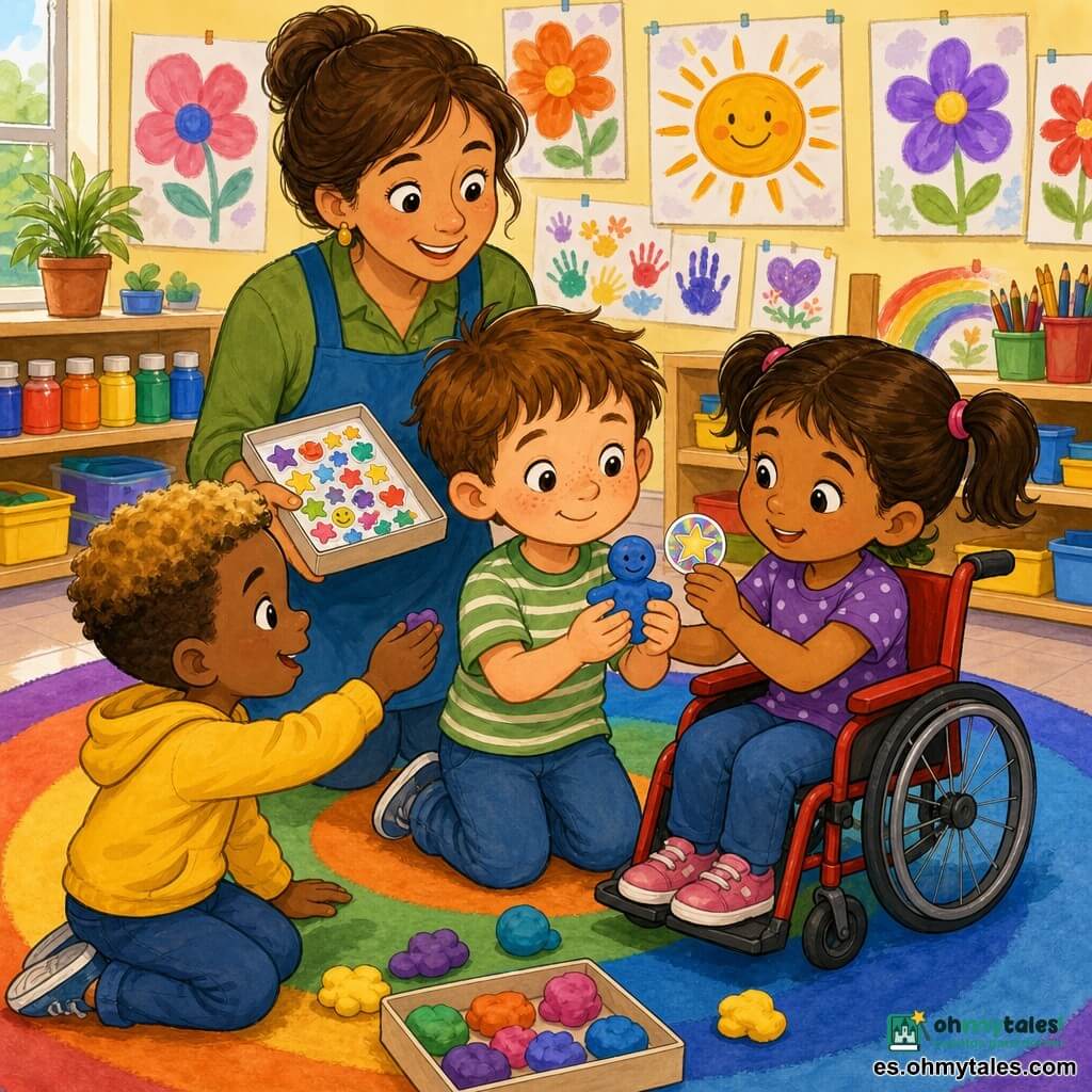 Un niño de 4 años, rostro redondo con pecas y sonrisa tímida, sostiene una bola de plastilina azul y mira orgulloso su muñeco; a su derecha Sofía, también de 4 años, con coletas y sentada en una silla de ruedas roja, muestra una gran pegatina brillante y guía sus manos; Leo, de 4 años, cabello rubio corto, arrodillado al frente a la izquierda, ofrece un trozo de plastilina; la maestra Ana, mujer adulta de cabello castaño recogido, sonríe detrás de ellos sosteniendo una caja de pegatinas; la clase es luminosa, con dibujos de flores y soles en las paredes, una alfombra multicolor y estantes bajos con botes de pintura y plastilina; los niños hacen personajes de plastilina, comparten pegatinas y se ayudan en un ambiente cálido e inclusivo.