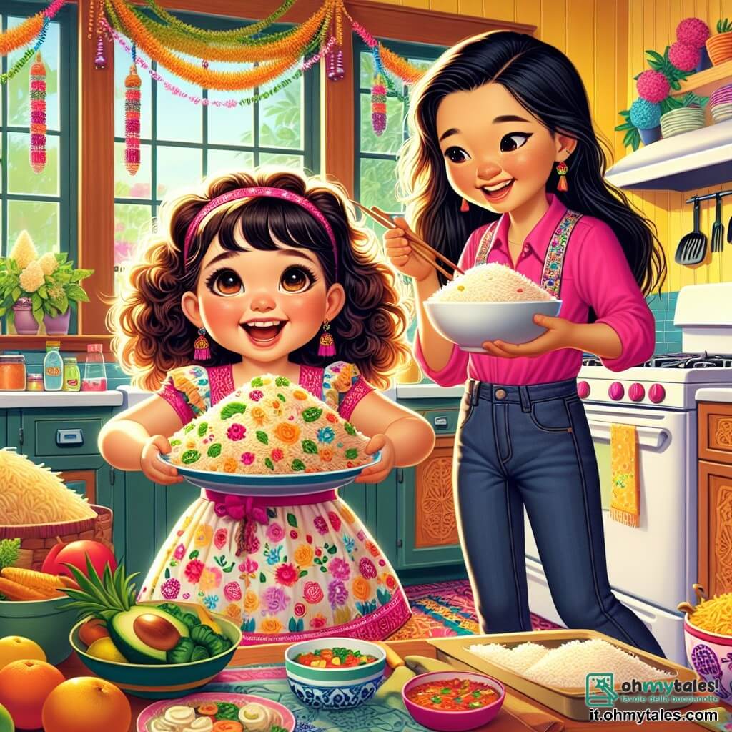 Una bambina di 4 anni, Sofia, con grandi occhi brillanti e capelli ricci castani, sorride felicemente mentre tiene un piatto di riso fritto. Indossa un vestito colorato con motivi floreali, e il suo viso esprime eccitazione e curiosità. Accanto a lei, sua cugina Mei, una ragazza di 6 anni di origine asiatica, con capelli lunghi e lisci, sorride mostrando come preparare il riso. Indossa una maglietta rosa e pantaloni di jeans, standosi vicino al tavolo della cucina. Nella cucina luminosa, decorata con festoni colorati e piatti appetitosi, si vedono frutti freschi e spezie sul bancone. Le pareti sono dipinte di giallo, creando un'atmosfera calda e accogliente. La scena principale mostra Sofia e Mei mentre cucinano insieme, circondate da un'atmosfera festiva, celebrando la diversità culinaria delle loro famiglie. Risate e odori deliziosi riempiono l'aria, illustrando l'unità e la gioia della festa familiare.