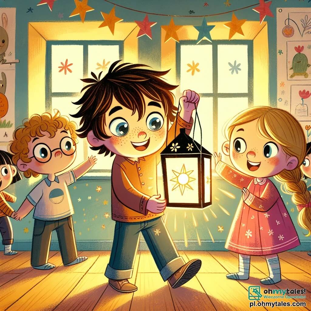 Na środku obrazu jest **Tomek**, sześcioletni chłopiec z rozczochranymi brązowymi włosami i błyszczącymi oczami. Trzyma mały papierowy lampion, oświetlony delikatnym światłem. Po jego prawej stronie jest **Zuzia**, pięcioletnia dziewczynka z warkoczami i różową sukienką, która radośnie się uśmiecha, trzymając inny lampion. Po lewej stronie jest **Antek**, sześciolatek na wózku inwalidzkim, w okularach i niebieskiej koszulce, który z szerokim uśmiechem patrzy na swoich przyjaciół, trzymając ręce na podłokietnikach wózka. Sceneria rozgrywa się w przytulnej klasie, z jasnoniebieskimi ścianami, na których wiszą rysunki zwierząt i kwiatów. Na suficie zawieszone są papierowe gwiazdy, a duże okno ukazuje gwiaździstą noc na zewnątrz. Główną sytuację przedstawia trójka przyjaciół zebrana w kręgu, oświetlona światłem lampionów, podczas gdy uważnie słuchają opowieści swojej nauczycielki, Pani Kasi, która stoi przed nimi z życzliwym uśmiechem, gotowa pomóc im pokonać strach przed ciemnością.