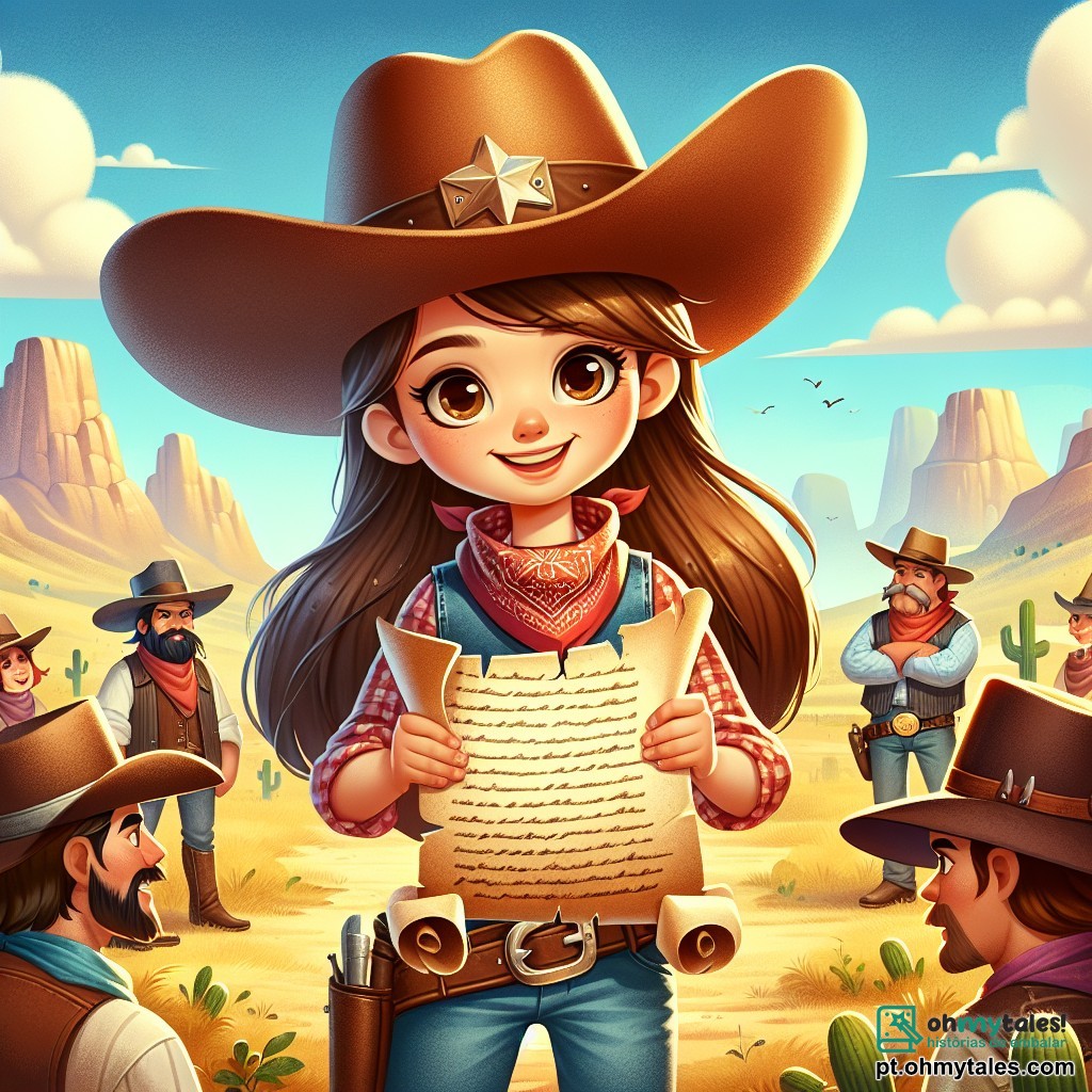 Uma cowgirl corajosa, Lila, está no centro da imagem, com um grande chapéu de cowboy e um sorriso radiante. Ela tem cabelos longos e castanhos, vestindo uma camisa xadrez vermelha e um jeans. Ela segura um velho pergaminho, com um olhar cheio de excitação e determinação. Ao seu lado, Jake, um cowboy de cerca de 25 anos, com uma barba leve e um bandana vermelho ao redor do pescoço, observa o mesmo pergaminho com curiosidade. Ele veste uma camisa azul e calças de couro, levemente recuado, pronto para ouvir Lila. Ao fundo, um grupo de cowboys, todos vestidos de maneira colorida, conversa alegremente, alguns apontando para as montanhas ao longe. O cenário é uma vasta paisagem do Velho Oeste, com colinas douradas, cactos espalhados e um céu azul brilhante, salpicado de nuvens brancas. Ao longe, vêem-se montanhas majestosas sob um sol radiante. A situação principal mostra Lila e Jake descobrindo o misterioso pergaminho que os levará a uma aventura incrível, cercados por seus amigos cowboys, todos ansiosos para partir em busca do tesouro.