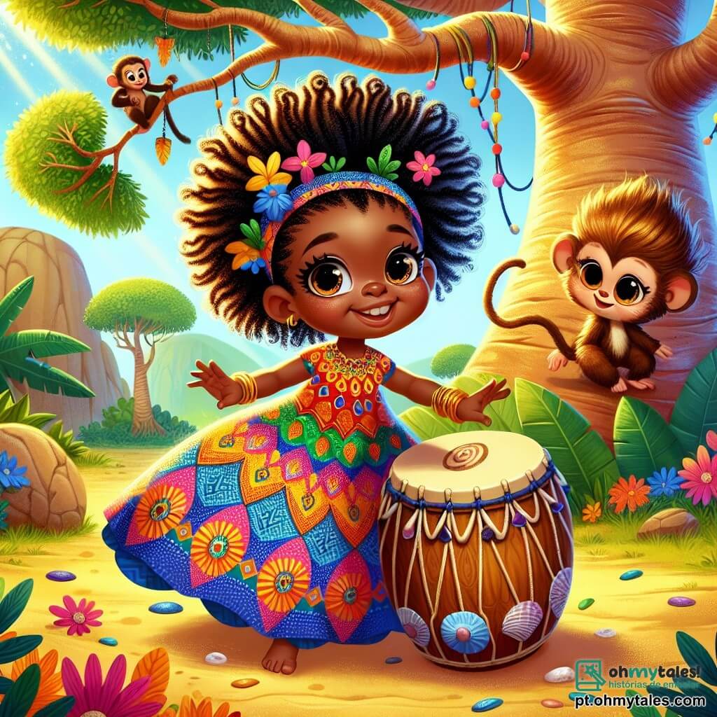 Nia, uma jovem com cabelos crespos e brilhantes, está em pé sob um majestoso baobá. Ela tem um olhar maravilhado e curioso, com os olhos brilhando de alegria. Usa um vestido colorido com padrões africanos vibrantes e estende a mão em direção a um tambor de madeira decorado com conchas e penas. Ao seu lado, um pequeno macaco travesso, com olhos maliciosos, sobe em um galho, observando Nia com interesse. O local é uma clareira ensolarada, cercada por árvores de folhas verdes vibrantes, com flores silvestres de cores vivas que dançam ao vento. A cena principal mostra Nia, fascinada, prestes a tocar o tambor encantado, enquanto o macaco parece ansioso para descobrir o que vai acontecer.