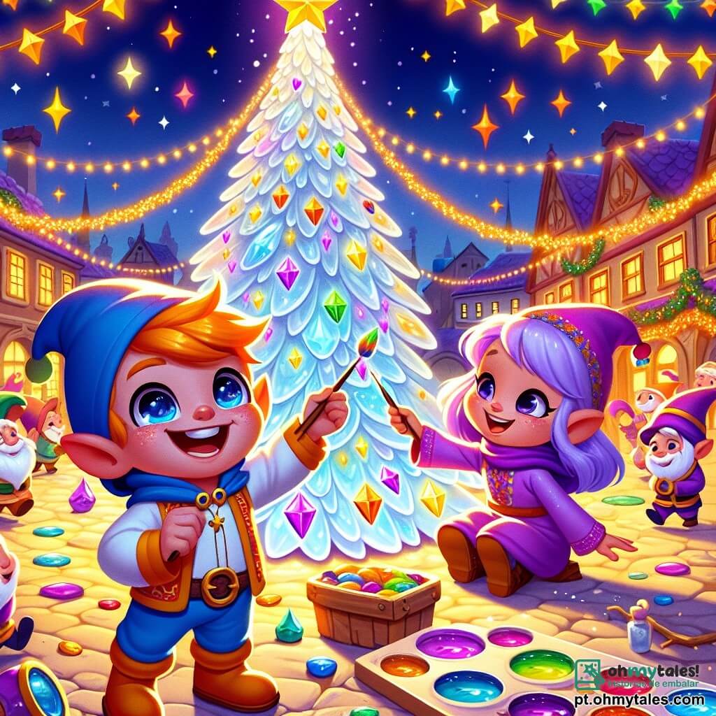 Pim, um pequeno duende com orelhas pontudas e um sorriso radiante, está pintando uma grande árvore de cristal com cores vivas, seu rosto irradiando alegria e excitação. Ao seu lado, Lila, uma duendezinha com cabelos lavanda e olhos brilhantes, pendura estrelas douradas nos galhos, sua expressão cheia de entusiasmo e cumplicidade. A cena acontece em uma linda praça da vila de Arco-Íris, onde o chão brilha com pequenas pedras coloridas e guirlandas luminosas flutuam no ar, criando uma atmosfera festiva. No centro, a grande árvore de cristal brilha sob o sol, cercada por duendes que riem e dançam, preparando a festa de Ano Novo. Pim e Lila, imersos em sua tarefa alegre, decoram a árvore sonhando com a aventura mágica que os aguarda, cheios de esperança e felicidade para essa celebração especial.