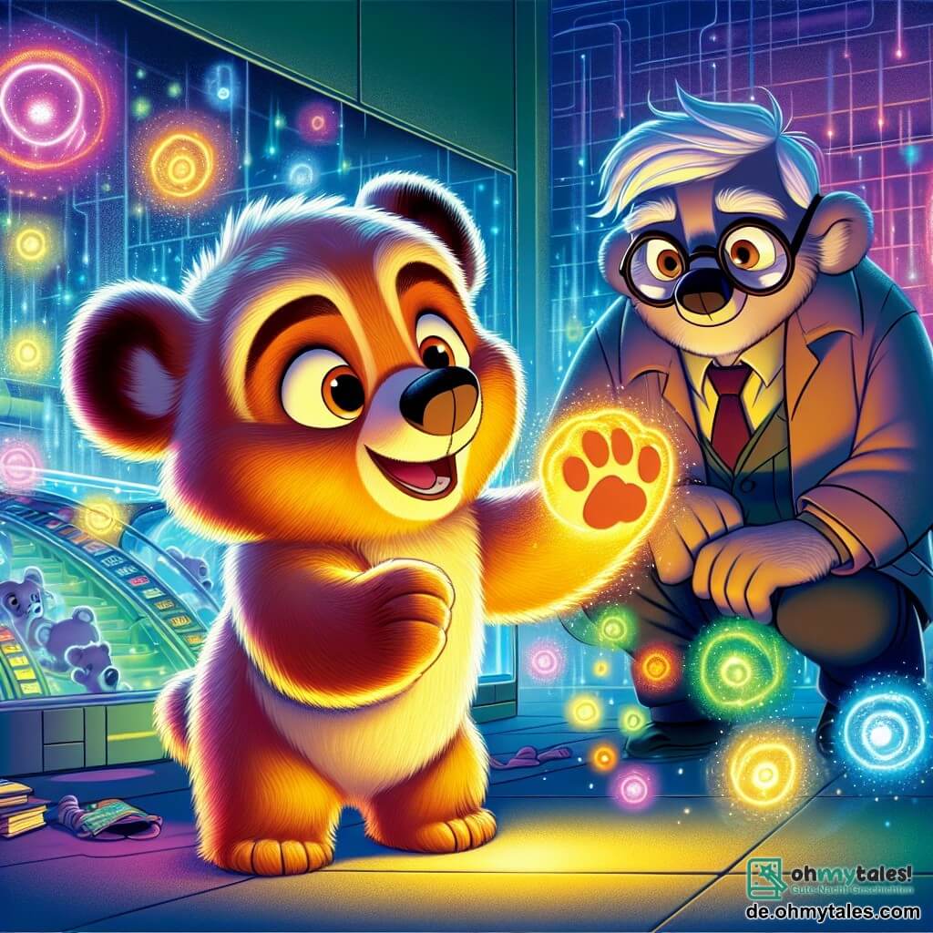 Balto, ein junger, weicher und glänzender Teddybär mit großen, neugierigen Augen und einem begeisterten Lächeln, steht vor einer futuristischen, pulsierenden Maschine. Neben ihm steht sein Vater, Professor Urso, ein älterer Bär mit runden Brillen und grauem Fell, der seinen Sohn stolz und mit einem leichten Lächeln ansieht, während er ein Forschungswerkzeug in seiner Pfote hält. Der Ort ist ein futuristisches Labor, gefüllt mit schwebenden, bunten Hologrammen, transparenten Glaswänden und funkelnden Maschinen, die sanft summen und eine magische, dynamische Atmosphäre schaffen. Die Hauptsituation zeigt Balto, der die innovative Maschine seines Vaters entdeckt, mit leuchtenden Augen vor Aufregung, während sie zusammen daran arbeiten, eine saubere Energiequelle für ihre Stadt zu schaffen.