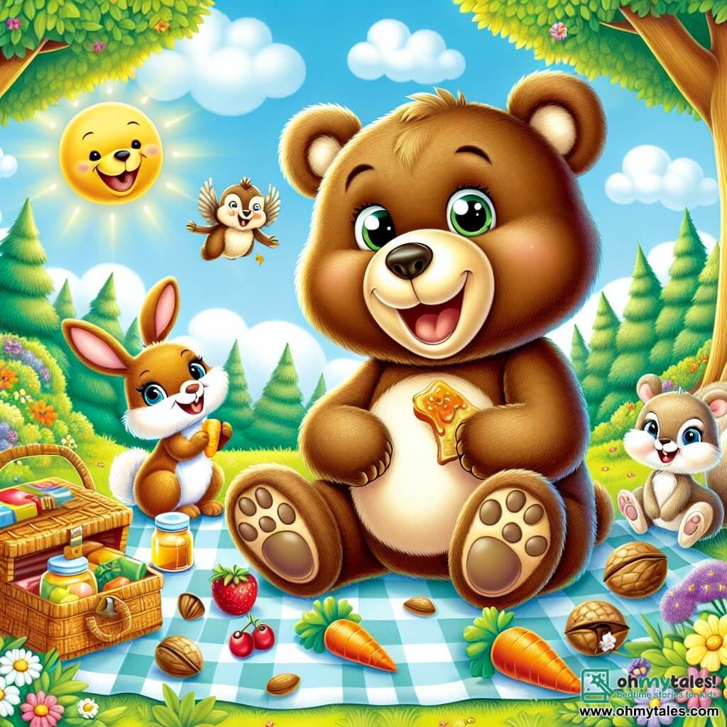 An illustration depicts a large teddy bear with a wide smile and sparkling eyes, sitting on a colorful picnic blanket. It holds a honey sandwich in its paws, looking delighted and a bit surprised. Next to it, a small bunny with big ears and soft fur, sporting a joyful face and bright eyes, holds a carrot, ready to share. A playful squirrel with light brown fur and a bushy tail laughs while holding a handful of hazelnuts, slightly stepping back but approaching eagerly. The main setting is a sunny clearing in a lush forest, surrounded by majestic trees with shiny leaves and colorful flowers swaying in the breeze. The scene shows the three friends joyfully picnicking, sharing their food and laughing together, while a mischievous little bird flies away with a honey sandwich in its beak. Additional elements include a large blue sky dotted with fluffy white clouds, sun rays illuminating the scene, and a picnic basket filled with colorful treats, adding a touch of magic to their day of friendship.