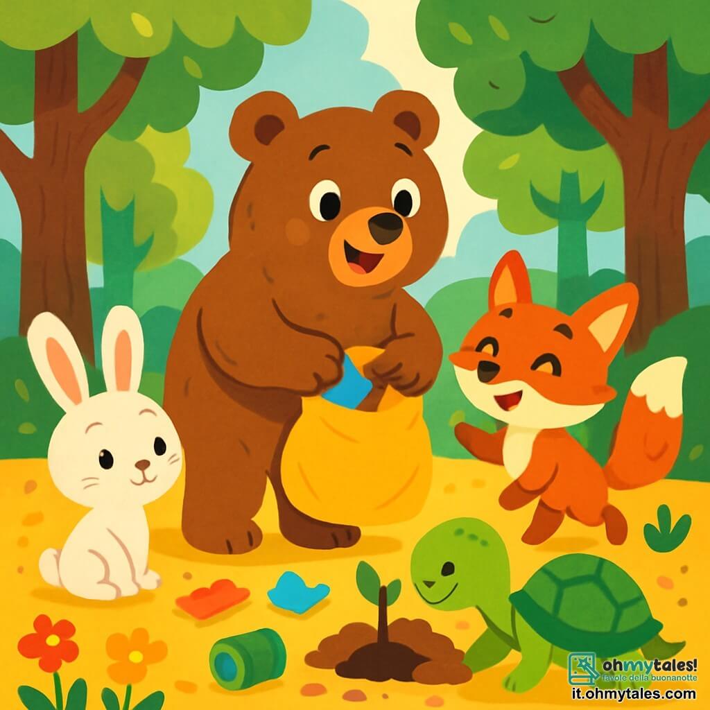 Un grande orso bruno, con un pelo morbido e setoso, si trova al centro della scena, mostrando un ampio sorriso gioioso. I suoi occhi brillano di curiosità mentre raccoglie rifiuti colorati nella foresta. Accanto a lui, una piccola volpe rossa, con una coda folta e occhi maliziosi, lo incoraggia saltellando, piena di entusiasmo. Un coniglio bianco dalle grandi orecchie, un po' timido ma determinato, osserva con ammirazione, mentre una tartaruga verde, con un guscio lucido, scava il terreno per piantare nuovi alberi. La foresta è lussureggiante, piena di alberi maestosi dalle foglie verdi brillanti, punteggiata di fiori colorati che aggiungono tocchi di rosso, giallo e viola. Il suolo è coperto di foglie dorate e piccoli ciottoli, e un dolce raggio di sole filtra tra i rami, creando un'atmosfera calda e accogliente. In questa scena, l'orso e i suoi amici lavorano insieme per pulire la foresta, mostrando l'importanza di proteggere il loro ambiente mentre si divertono.
