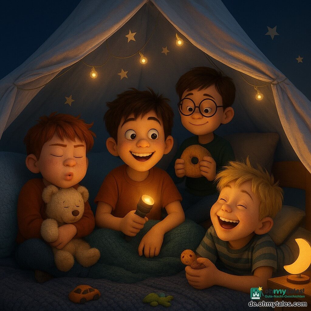 Vier Jungen: Max (9) mit zerzausten braunen Haaren und großem Lächeln sitzt mittig im Bett unter dem Tipi, hält eine kleine Taschenlampe wie einen Zauberstab; Paul (8) rothaarig mit Sommersprossen links von Max, zusammengerollt an einem flauschigen Kissen und drückt einen Schnuffel; Felix (8) blonder, zerzauster Bub rechts von Max, auf dem Bauch liegend und lauthals lachend, winkt mit einem kleinen Plümaulwurm; Jonas (9) mit glatten braunen Haaren und runden Brillen lehnt hinten am Bettkopf, hält einen kleinen Plüdonut und lächelt ruhig. Ort: Schlafzimmer als improvisiertes Tipi mit weißem Tuchdach, leuchtenden Sternen, warmen Lichterketten, dunkelblauen Wänden, gestrickten Decken, weichen Kissen, Mondlampe auf dem Nachttisch und verstreutem Spielzeug. Szene: Die vier bilden ein komisches „Schnarchorchester“ im Tipi mit übertriebenen Gesichtsausdrücken (runde Münder, aufgeblasene Wangen, teils halbgeschlossene Augen), ein Kissen schmiegt sich zärtlich um Max; stimmungsvolle Mischung aus tiefblauem Nachtlicht und warmen Gelbtönen, glattes, rundes 3D-Rendering, gesättigte Farben und fühlbare Texturen (Wolle, Plüsch, Baumwolle).
