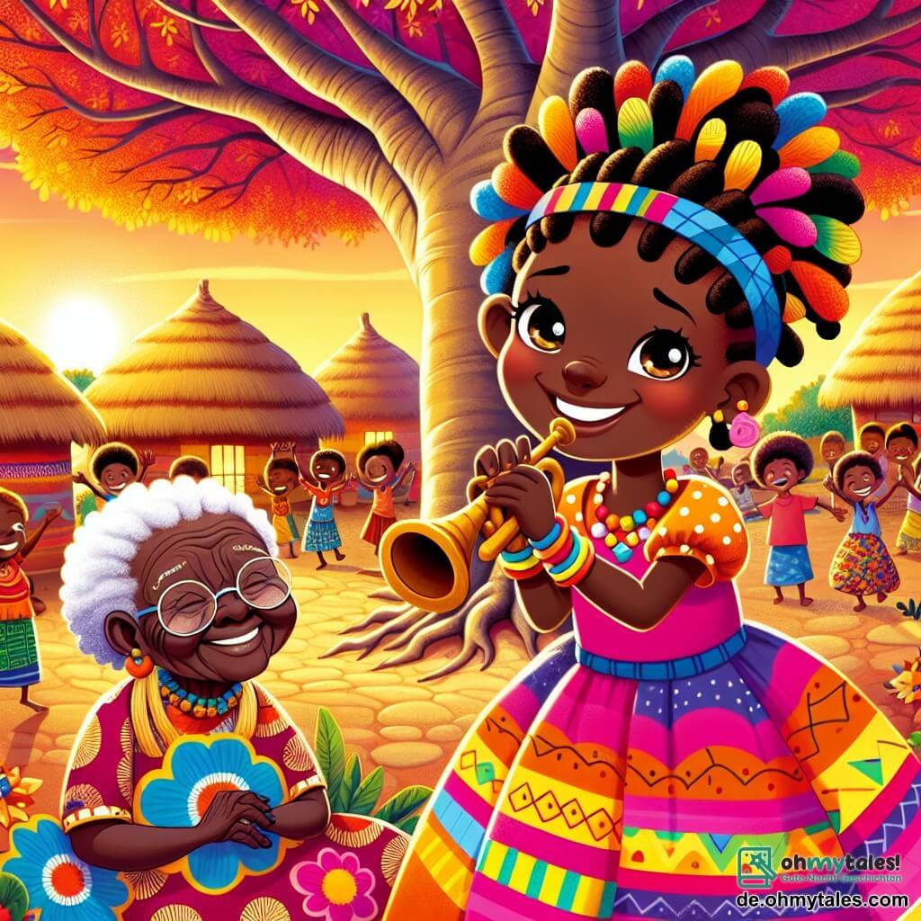 Amina, ein achtjähriges Mädchen, steht fröhlich unter einem großen Baobab, ihre Augen leuchten wie Sterne und ein breites Lächeln erhellt ihr Gesicht. Sie trägt ein buntes Kleid mit afrikanischen Mustern und spielt auf ihrer kleinen Holztrompete, während ihre geflochtenen Haare im Rhythmus der Musik tanzen. Neben ihr sitzt die alte Frau, Großmutter Yaye, etwa siebzig Jahre alt, auf einem Stein, umgeben von bunten Stoffen. Ihr Gesicht ist von Falten geprägt, strahlt aber Weisheit aus, und sie lächelt, während sie Amina zuhört, die Hände auf den Knien. Der Ort ist ein afrikanisches Dorf, das von Farben lebt, mit lehmfarbenen Häusern mit Strohdächern, leuchtenden Blumen und tanzenden Kindern, während die untergehende Sonne die Szene in goldenes Licht taucht. Die Hauptszene zeigt Amina, die auf der Trompete spielt, umgeben von Lachen und Gesang, während die Dorfbewohner sich versammeln, um die wiedergefundene Harmonie zu feiern und eine fröhliche, festliche Atmosphäre zu schaffen.