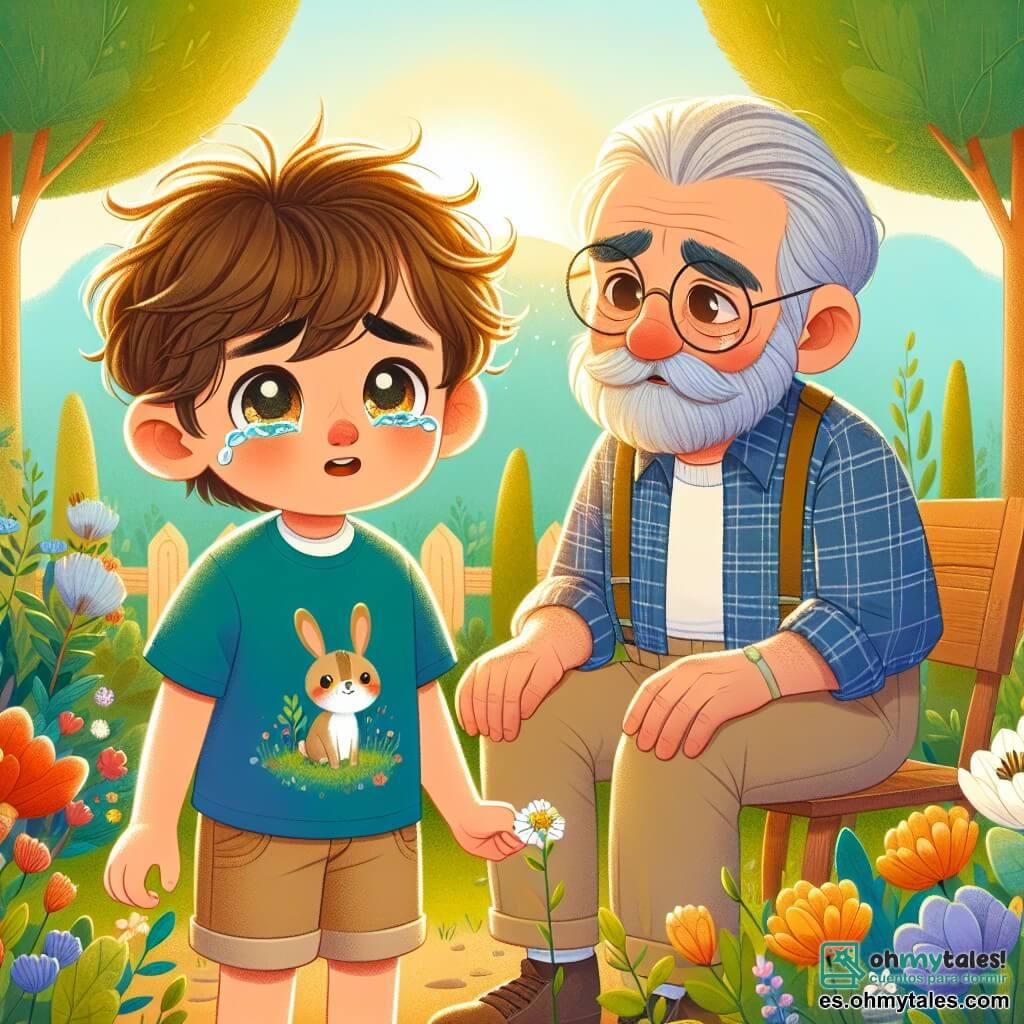 Un niño de 6 años, Lucas, con cabello castaño desordenado y ojos brillantes de curiosidad, está en un jardín colorido, con lágrimas en los ojos. Lleva una camiseta azul con un pequeño dibujo de un conejo y un pantalón corto beige. Mira una pequeña flor blanca que acaba de plantar, con una expresión de melancolía mezclada con una ligera sonrisa en su rostro. A su lado, su abuelo, un hombre mayor con cabello gris y barba bien cuidada, está sentado en una silla de madera. Lleva una camisa a cuadros y pantalones beige, y sonríe suavemente a Lucas, sosteniéndole la mano para reconfortarlo. El jardín está lleno de flores brillantes, grandes árboles verdes y una luz dorada que filtra a través de las hojas, creando una atmósfera pacífica y cálida. Al fondo, se ve una pequeña cerca de madera y un cielo azul salpicado de nubes blancas. La escena representa a Lucas y su abuelo recordando a Copito, el conejo blanco, mientras plantan una flor en su memoria, simbolizando el amor y el recuerdo que perduran a pesar de la pérdida.