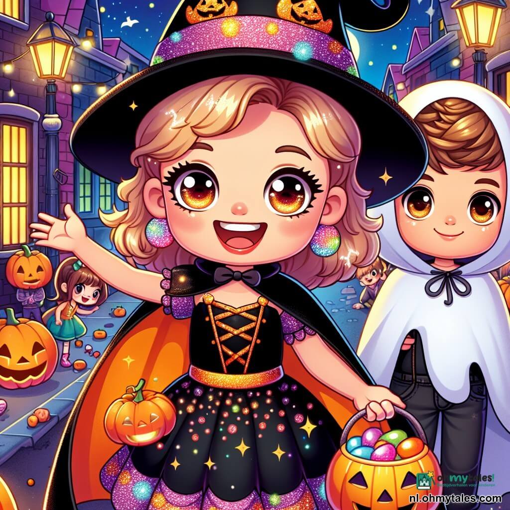 Een 8-jarig meisje, Floortje, staat vrolijk midden op een straat versierd voor Halloween. Ze draagt een zwarte jurk met glitters en een grote oranje cape, met een glinsterende heksenhoed. Haar gezicht straalt van een brede glimlach, haar ogen glinsteren van opwinding en nieuwsgierigheid, terwijl ze een grote mand vol kleurrijke snoepjes vasthoudt. Naast haar staat een 9-jarig jongetje, Jip, gekleed in een spookkostuum met een wit laken en zwart getekende ogen. Hij kijkt Floortje bewonderend aan, met een verlegen glimlach op zijn gezicht. De scène speelt zich af in een levendige straat, omringd door huizen versierd met lichtgevende pompoenen en spinnenwebben. Kinderen in verschillende kostuums, zoals vampiers en monsters, rennen om hen heen, terwijl lantaarns in de donkere nacht fonkelen. Floortje, vol energie, klopt op de deur van een versierd huis, klaar om enthousiast "snoep of ik tover je!" te roepen, terwijl een lichte Halloween-nevel om hen heen zweeft, wat een magische sfeer aan het feestelijke geheel toevoegt.