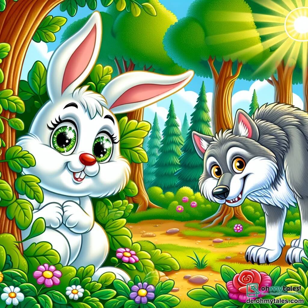 In einer sonnigen Lichtung des tiefen Zauberwaldes versteckt sich ein kleiner weißer Hase namens Hoppel mit großen Ohren und leuchtend ängstlichen Augen hinter einem grünen Busch. Sein Fell ist weich wie Baumwolle und er zittert leicht, während er den großen bösen Wolf beobachtet. Der Wolf, mit seinem grauen Fell und durchdringenden Augen, steht ganz nah und zeigt ein listiges Lächeln, seine weißen Zähne blitzen in der Sonne. Am Himmel fliegt ein kleiner bunter Vogel mit lebhaften Federn über die Szene, besorgt und mit schnell schlagenden Flügeln. Die Lichtung ist von majestätischen Bäumen mit dicken Stämmen und leuchtend grünen Blättern umgeben, und bunte Blumen sprenkeln den Boden. Hoppel, verängstigt, fragt sich, wie er dem langsam näherkommenden Wolf entkommen kann, der bereit ist zu springen.