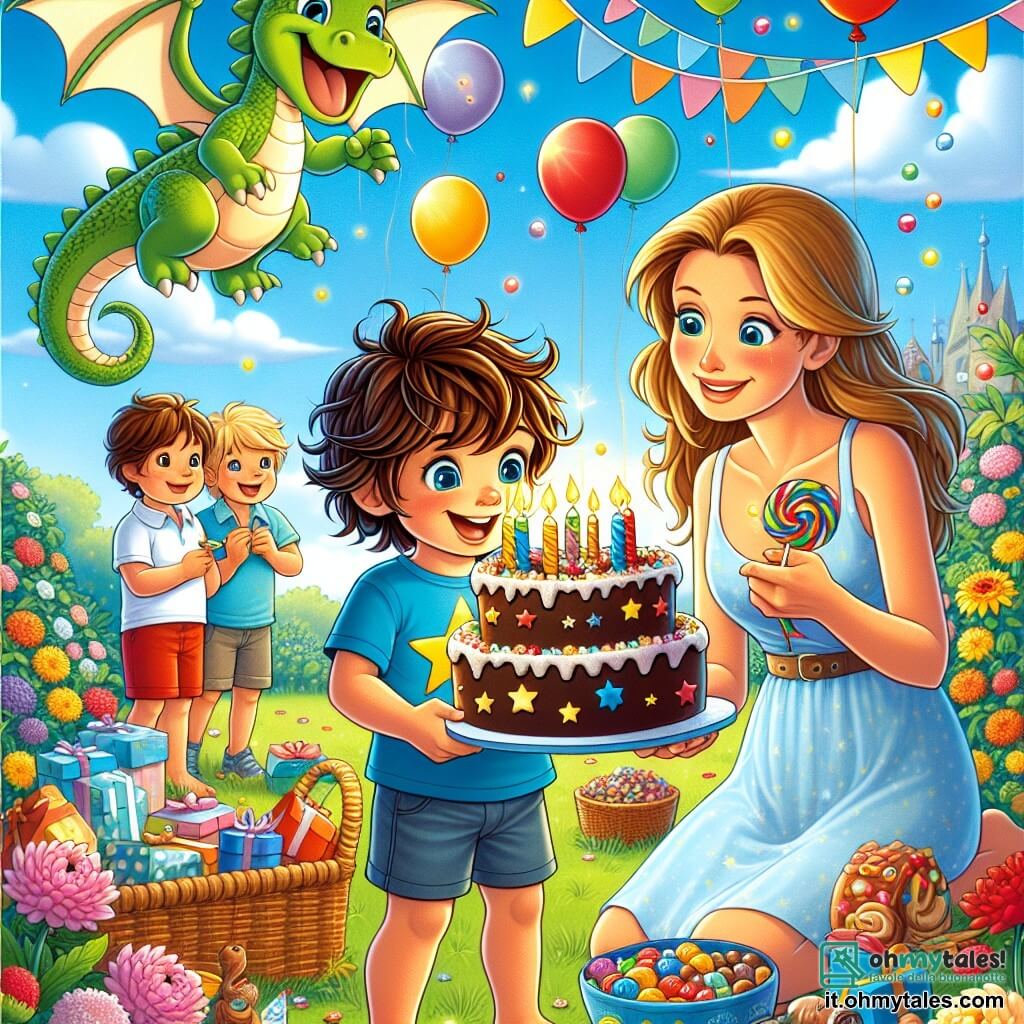 Un bambino di 4 anni, Luca, con i capelli castani e gli occhi brillanti, è al centro dell'immagine, sorridente mentre tiene una grande torta al cioccolato decorata con candele colorate. Indossa una maglietta blu con stelle e pantaloni rossi, sembrando affascinato dalla magia del suo compleanno. Accanto a lui, sua madre, una donna di circa trent'anni con capelli lunghi e biondi, sorride teneramente tenendo un vassoio di caramelle colorate. Un piccolo drago verde, Dragoletto, vola gioiosamente sopra Luca, aggiungendo un tocco di magia alla scena. Il luogo è un giardino soleggiato, pieno di fiori colorati, palloncini e un grande tavolo decorato con festoni. Luca è circondato dai suoi amici, pronto a soffiare le candeline della sua torta, mentre Dragoletto vola sopra di loro.