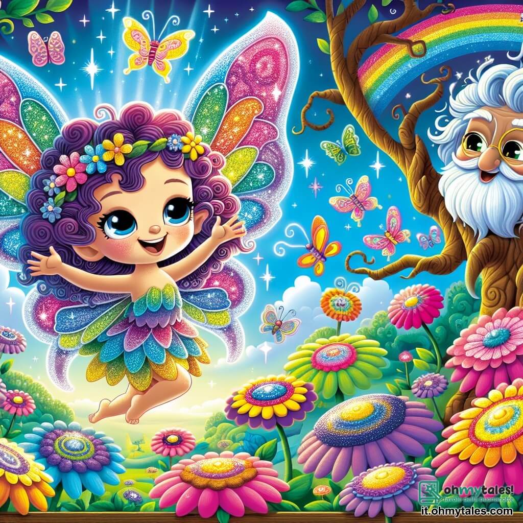 Al centro dell'immagine, una piccola fata di nome Lila, con ali scintillanti dai colori dell'arcobaleno, danza gioiosamente sopra un giardino di fiori multicolori. Il suo viso irradia curiosità e felicità, i suoi capelli ricci sono di un viola brillante e indossa un vestito fatto di petali di fiori. Alla sua destra, un vecchio albero saggio, simile a un gufo, con un volto rugoso e occhi brillanti di malizia, osserva Lila con benevolenza, circondato da fiori danzanti che sembrano applaudire. Sullo sfondo, il Giardino delle Illusioni si estende, pieno di fiori giganti dai colori vivaci, farfalle scintillanti e un cielo blu punteggiato di nuvole soffici. La scena principale mostra Lila intenta a risolvere l'enigma proposto dall'albero, immersa in un'atmosfera magica, dove i fiori e le creature del giardino sembrano partecipare all'avventura, creando un momento di gioia e meraviglia.