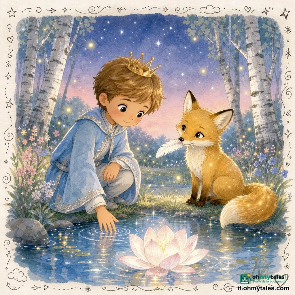 Un giovane principe biondo scuro con sottile corona d’oro e veste celeste bordata d’argento, viso dolce, occhi stupiti e sorriso timido, accovacciato sul bordo del lago con una mano sull’acqua; accanto a destra una piccola volpe dorata femmina dal pelo lucente che tiene una piuma bianca in bocca come dono e lo guarda affettuosamente; il lago riflette un grande fiore luminescente bianco-rosato galleggiante dai petali traslucidi che emettono una calda luce e piccole onde scintillanti; intorno un boschetto di betulle dai tronchi argentati e fiori pastello, erba morbida, qualche lucciola gialla e stelle argentee nel cielo crepuscolare; atmosfera tenera e calma, palette di blu, rosa e oro, texture acquerello, linee semplici e forme tonde per un effetto infantile e rassicurante.