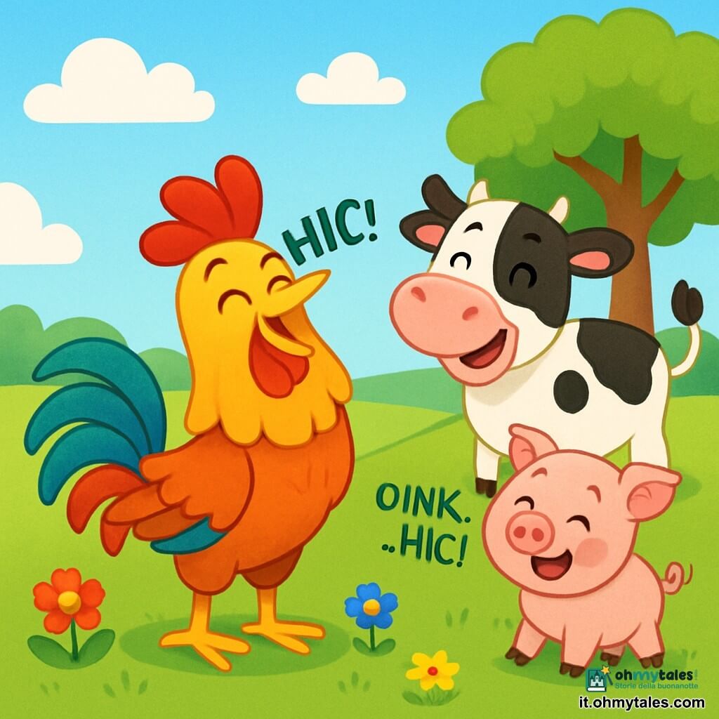 Un gallo gioioso, con piume brillanti e colorate, si trova al centro del campo, sollevando la testa con un grande sorriso. I suoi occhi brillano di divertimento mentre cerca di cantare, ma un piccolo "HIC!" esce dal suo becco. Accanto a lui, una mucca dolce e curiosa, con un manto bianco e nero, guarda il gallo ridendo, la sua coda scodinzola felicemente. Un piccolo maialino rosa, con un naso rotondo e guance paffute, si trova un po' più in là, ridendo anche lui e cercando di cantare con un "Oink... hic!" Il contesto è un campo verde, punteggiato di fiori colorati, sotto un cielo blu brillante, con alcune nuvole bianche e soffici che fluttuano. Sullo sfondo si intravede un albero maestoso che offre ombra. La scena principale mostra il gallo e i suoi amici animali che ridono insieme, creando un'atmosfera gioiosa e divertente, piena di risate e amicizia.