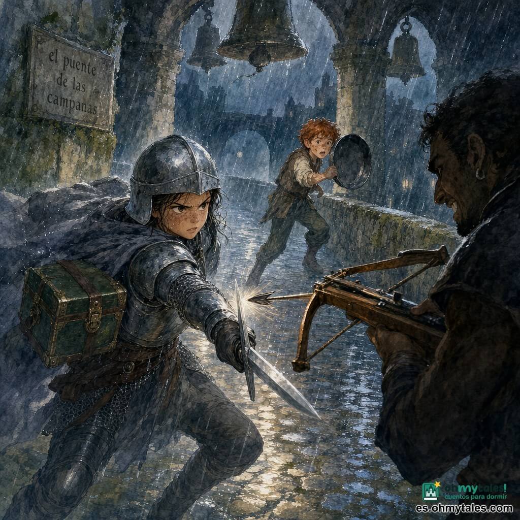 Una caballera con rostro determinado y empapado por la lluvia, cejas fruncidas y casco oscuro sin penacho, capa gris mojada y armadura mate, sujeta un pequeño cofre verde de cuero en la espalda mientras blande una espada corta; Ivo, un chico pelirrojo de unos 12 años, delgado y cubierto de barro con pecas, se mantiene atrás en el puente sujetando una gran sartén de hierro como escudo improvisado, mezcla de miedo y coraje; un asaltante de unos 30 años, vestido de oscuro y con expresión burlona, apunta desde la sombra del puente con una ballesta ligera lista para disparar a pocos pasos; escenario: noche lluviosa en el estrecho puente de piedra llamado "el puente de las campanas", con arcos macizos, piedra musgosa y grandes campanas que se balancean en la niebla; atmósfera tensa y dramática, lluvia fina que produce reflejos y salpicaduras, contraste entre grises fríos y toques cálidos de cobre en la ballesta y el verde del cofre.