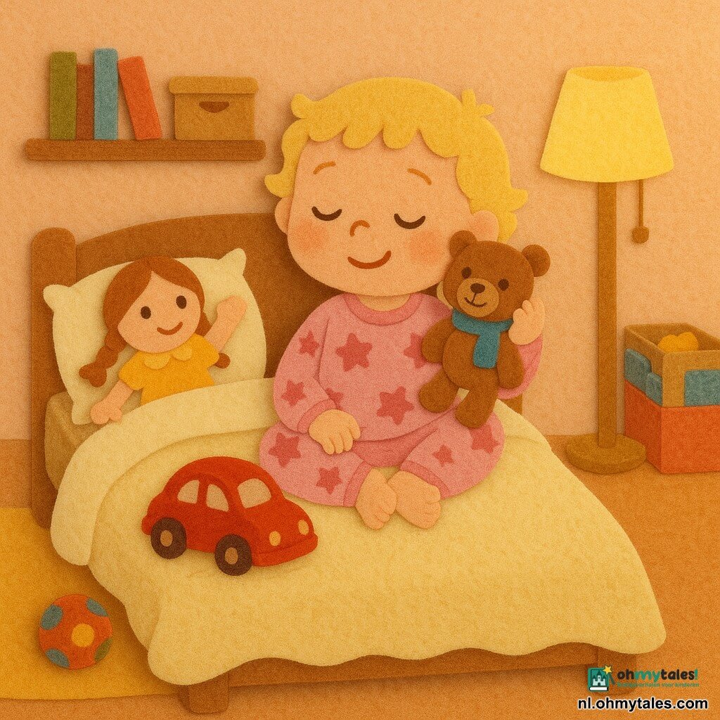 Een 2-jarig meisje, slaperig glimlachend met korte blonde krulletjes, zit op een bed met een crème wollen deken in een roze pyjama met sterren en houdt zacht een klein bruin teddybeer met een blauw sjaaltje dat bij haar hoofd ligt; een glanzend rood metalen autootje met velcrotrekjes staat op de deken voor haar, links op het kussen ligt een stoffen pop met gevlochten haar en een gele jurk en een opgeheven hand, onderaan het bed rolt een kleine meerkleurige stippenbal, de kamer is warm met perzikkleurige muren, een zacht geel staande lampje, een houten plank met kleurrijke boeken en een open speelgoeddoos — een rustig, zacht bedtijdmoment waarin de speeltjes net tot leven lijken te komen, met zichtbare wollen, vilt- en stoftexturen en warme, zachte contrasten geschikt voor peuters.
