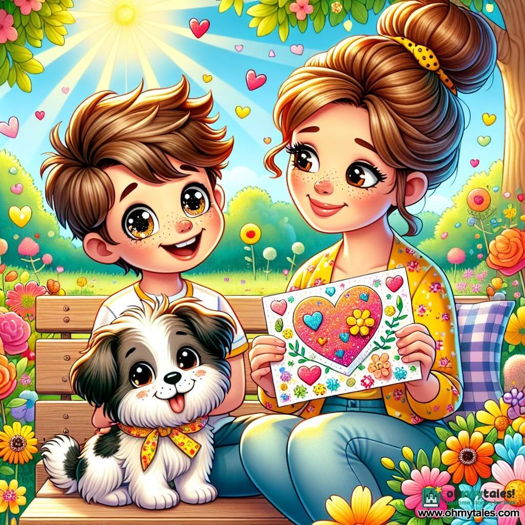An 8-year-old boy, Milo, with messy brown hair and sparkling joyful eyes, sits on a bench in a sunny park. He has a wide smile and holds a colorful cardboard decorated with a big heart and a paper flower. Next to him is his mom, a woman in her thirties with her brown hair in a bun, wearing a yellow floral scarf, looking at her son with tenderness and shining eyes. Patch, a small speckled dog, sits at their feet with his tongue out, adding joy to the scene. The park is filled with colorful flowers, lush trees, and rays of sunlight filtering through the leaves, creating a warm and festive atmosphere. Milo proudly presents his gift to his mom, celebrating Mother's Day in a moment of shared happiness.