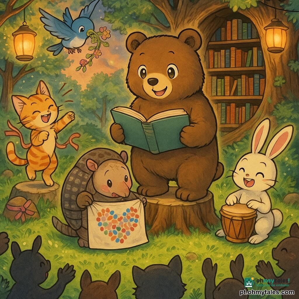 Beto, um grande urso‑pardo de pelagem macia e olhos brilhantes, sorri confiante segurando um livro aberto nas patas sobre um tronco convertido em estrado; Tomás, um tatu redondo de carapaça cinza‑marrom, agacha‑se tímido porém orgulhoso estendendo um estandarte feito à mão com pontos coloridos formando um coração; Lila, uma gatinha listrada laranja, prende fitas nas pedras e dança à esquerda, cabelos e fitas ao vento; Rúbio, um coelho branco de orelhas longas, sentado perto do tronco, bate suavemente um tambor de madeira olhando a plateia; Pio, um pardal azul, voa por cima com uma guirlanda de flores no bico; a clareira é iluminada por lanternas penduradas, com grama verde, pedras como assentos decorados e um tronco oco cheio de livros ao fundo que serve de biblioteca; cena central: os amigos revelam o estandarte na feira da clareira, os animais aplaudem em círculo, atmosfera calorosa e festiva, cores vivas, luz suave de fim de tarde e expressões exageradas no estilo mangá.