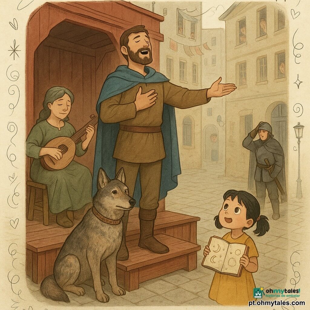 Um homem alto chamado Rúben, expressão benevolente e determinada, cabelos castanhos curtos, barba rala, roupa simples cor de terra e capa azul, canta em pé num velho palco de madeira com uma mão no peito e a outra estendida para a multidão; atrás dele, Míriam, mulher de cerca de 40 anos com cabelos gris-verdes trançados e vestido gasto mas limpo, toca um alaúde antigo rachado, com ar sereno e concentrado; aos pés de Rúben, Barão, um grande cão-lobo grisalho com manchas de ferrugem e colar de couro antigo com runas apagadas, deitado e atento; à direita do palco, uma menina de cerca de 8 anos, cabelos negros em rabo-de-cavalo e vestido amarelo, segura um caderno cheio de desenhos de luas, maravilhada olhando para Rúben; ao fundo, um capitão da guarda de expressão dura mas suavizada, armadura escura ao lado e mão no chapéu, hesita perto das portas; a praça é uma ampla esplanada de pedras gastas com fachadas altas e janelas fechadas, bandeiras amassadas, lampiões de ferro forjado e um teatro de madeira pintado em tons vermelhos desbotados; a cena mostra Rúben cantando para reacender a alegria enquanto a multidão começa a surgir nas janelas e portas, cores mudando do cinza para tons quentes e uma atmosfera de despertar e esperança.