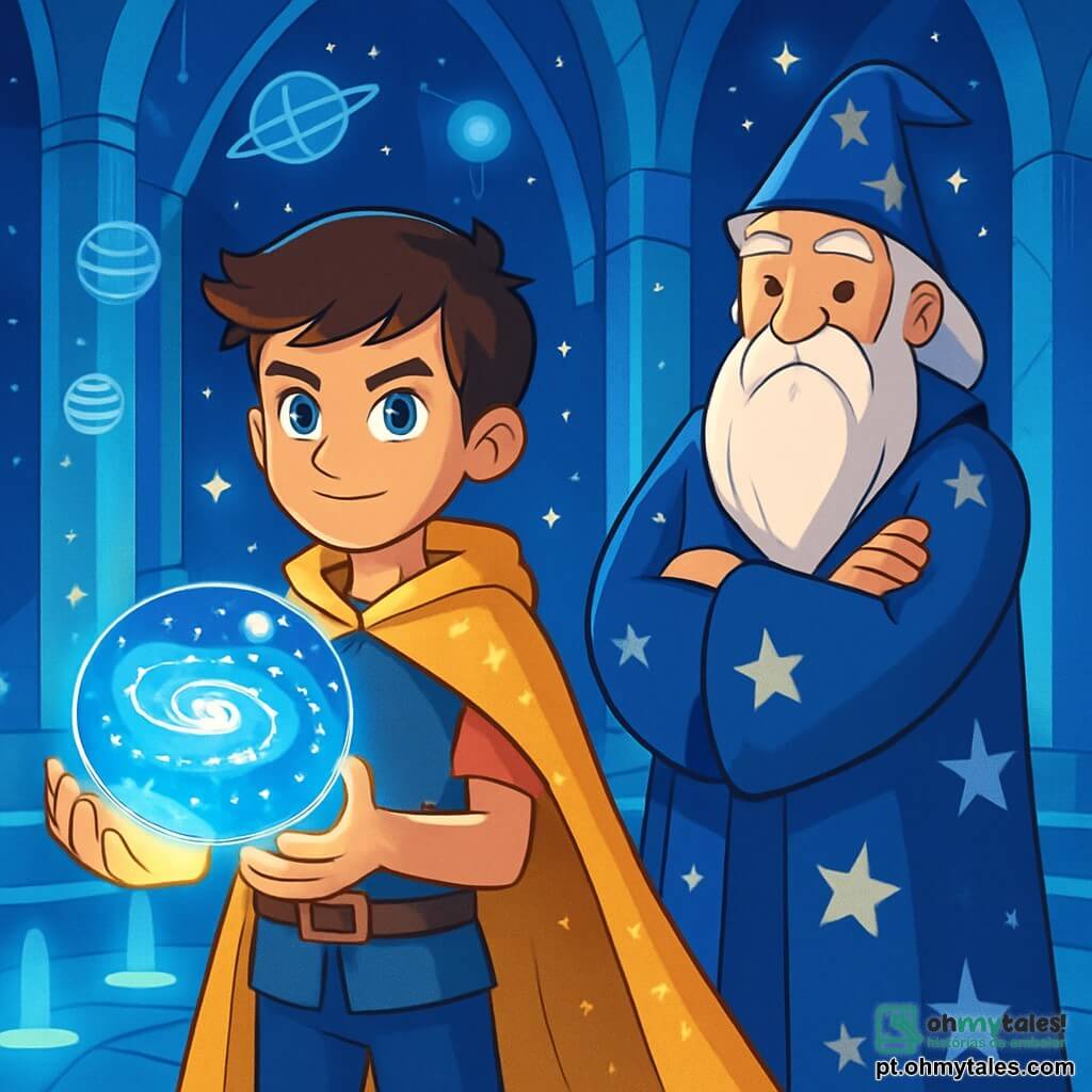 Um jovem chamado Orion, com cerca de 12 anos, está no centro do palco, vestido com uma capa dourada cintilante que flutua levemente ao seu redor. Seu rosto é determinado, com olhos brilhantes de um azul profundo, refletindo curiosidade e bravura. Ele segura um holograma luminoso que representa um mapa das galáxias, com as mãos envoltas em um brilho mágico. Ao seu lado, o sábio mestre Eldrin, um homem de cerca de 70 anos, com uma longa barba prateada e vestes estreladas, observa Orion com um olhar benevolente, os braços cruzados, como se estivesse transmitindo sua sabedoria. A cena ocorre na sala central da Torre dos Ecos, um espaço majestoso com paredes de cristal azul, iluminado por estrelas cintilantes e hologramas flutuantes. Raios de luz emanam do chão, criando uma atmosfera mística. Orion, diante do Conselho dos Astros, se prepara para aceitar sua missão de restaurar o equilíbrio entre magia e tecnologia, enquanto uma sombra ameaçadora se perfila no horizonte, pronta para mergulhar as galáxias nas trevas.