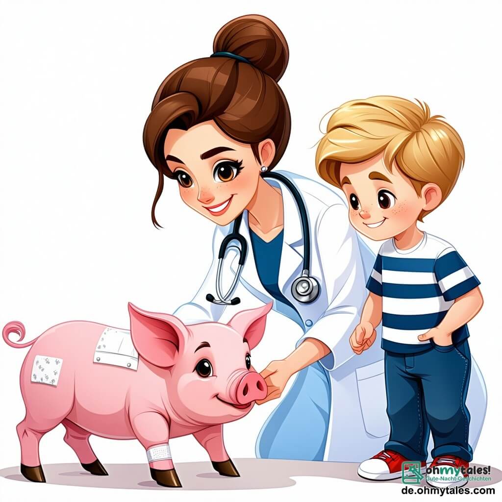 Eine lächelnde Tierärztin, Dr. Lena, ist eine Frau in ihren Dreißigern mit braunen, zu einem Dutt gebundenen Haaren und einem weißen Kittel. Sie beugt sich sanft zu einem kleinen rosa Schweinchen und legt ihm einen Verband an, während sie konzentriert und einfühlsam aussieht. Neben ihr beobachtet Paul, ein 8-jähriger Junge mit zerzausten blonden Haaren und einem gestreiften T-Shirt, aufmerksam mit glänzenden Augen der Bewunderung. Er hält ein Plastikstethoskop und ahmt Dr. Lenas Bewegung nach, während er auf einer kleinen Holzbank steht, um besser sehen zu können. Die Szene spielt auf einem charmanten kleinen Bauernhof, umgeben von Grün, mit weidenden Kühen in der Ferne und bunten Blumen am Wegesrand. Der Himmel ist blau und sonnig, was eine fröhliche und einladende Atmosphäre schafft. In dieser Hauptsituation behandelt Dr. Lena das verletzte Schweinchen, während Paul begeistert lernt, ein zukünftiger Tierarzt zu werden, und einen Moment des Zusammenseins und Lernens mit den Tieren des Bauern teilt.