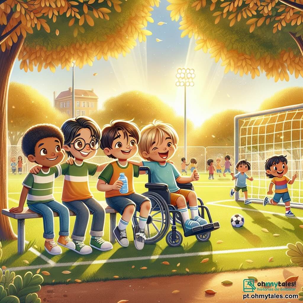 Em um parque ensolarado, quatro amigos se reúnem em torno de um campo de futebol. Pedro, um garoto de 10 anos com cabelos castanhos e óculos, está sentado em um banco, sorrindo e segurando uma garrafa de água. Lucas, também de 10 anos, tem cabelos loiros e olhos brilhantes, está em uma cadeira de rodas, vestindo uma camisa de futebol e incentivando seus amigos com entusiasmo. Mariana, uma menina de 10 anos com cabelos longos e cacheados, usa uma camiseta colorida e está ao lado de Pedro, dando-lhe um tapinha no ombro. João, um garoto de 10 anos com cabelos negros e short esportivo, corre ao redor do campo, pronto para passar a bola. O parque é repleto de árvores com folhas douradas e raios de sol filtrando pelas ramas, criando uma atmosfera calorosa e alegre. No fundo, crianças brincam e famílias fazem piqueniques na grama verde. A cena principal mostra Pedro cercado por seus amigos, compartilhando risadas e incentivos, simbolizando a força da amizade diante dos desafios da doença.