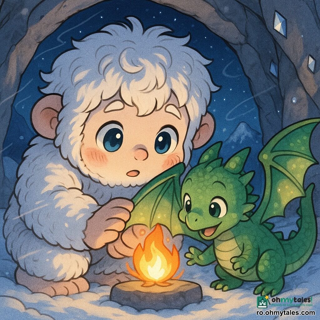 Un mic Yeti numit Tobi, blănos, alb și pufos, cu ochi albaștri mari și obraji rozuri, ține între palmele sale dolofane o scânteie magică aurie pe o piatră plată, iar lângă el stă un mic dragon verde, Zizi, curios și vesel, cu aripi translucide desfăcute în semicerc pentru a feri flacăra de un curent vizibil sub formă de vârtejuri de zăpadă; peisajul e o peșteră săpată în munte înzăpezit — pereți gri cu cristale sclipitoare și podea de zăpadă — deschisă spre un cer înstelat și vârfuri albastre, cu lumină caldă portocalie a flăcării contrastând cu tonuri reci alb-albastre ale peșterii, în stil manga, texturi plușate și expresii expresive, compoziție centrată și atmosferă liniștitoare.