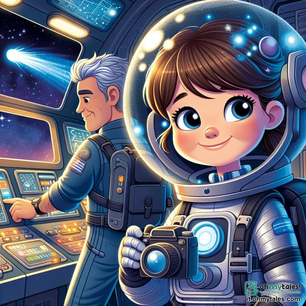 In primo piano, una giovane astronauta, Sara, sorride con entusiasmo, i suoi occhi brillano di eccitazione. Indossa una tuta spaziale argentata e un casco lucido che riflette le stelle. I suoi capelli castani sono raccolti in una coda di cavallo e tiene una macchina fotografica pronta a catturare un momento magico. Accanto a lei, Marco, un uomo robusto di circa 40 anni, controlla gli strumenti della navetta. Ha capelli brizzolati e indossa una tuta spaziale blu, il suo volto è concentrato ma guarda Sara con ammirazione, mostrando il suo sostegno. L'interno della navetta spaziale è illuminato da luci lampeggianti e schermi che mostrano dati. Attraverso il finestrino si vede un magnifico paesaggio di stelle scintillanti e una cometa brillante che passa veloce, lasciando una scia luminosa nello spazio nero. La scena principale mostra Sara e Marco in esplorazione, affascinati dalla bellezza della cometa, simbolo di avventura e scoperta nell'immensità dello spazio.