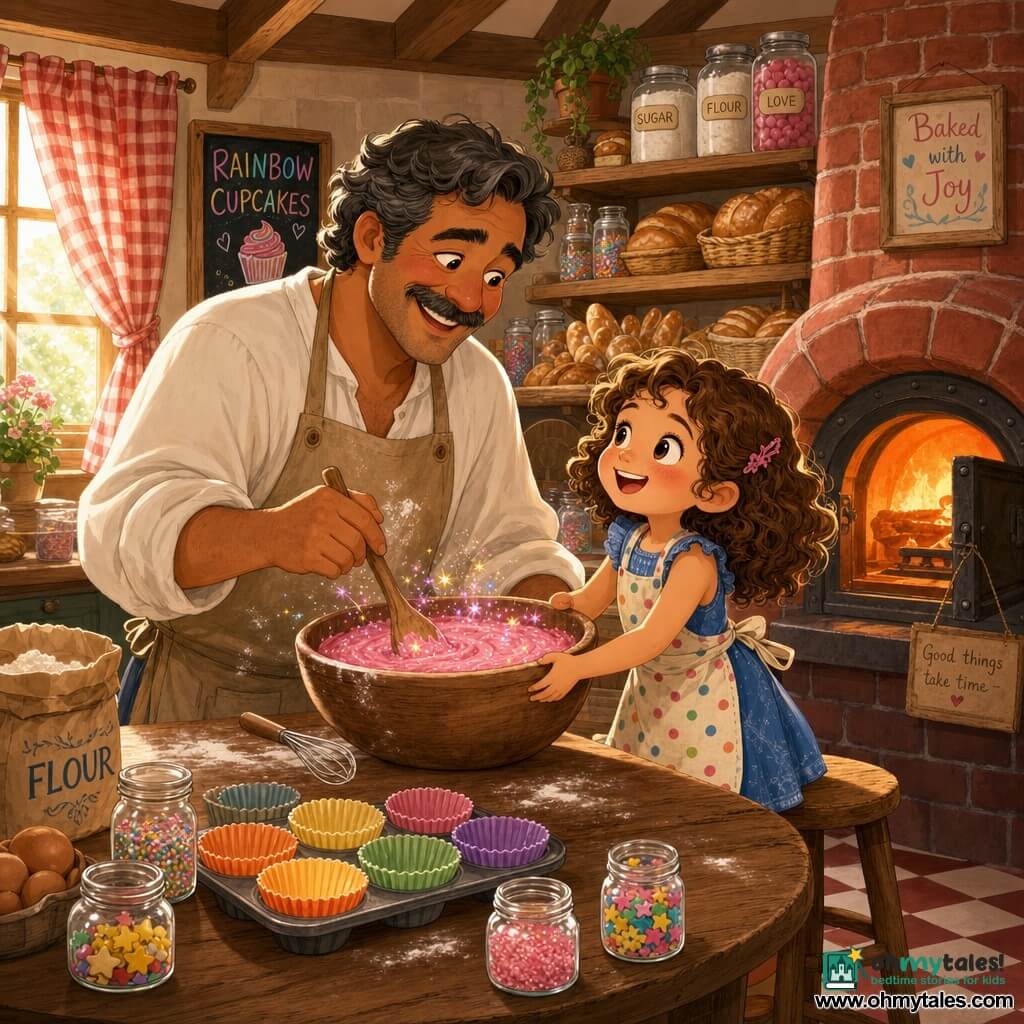 A middle-aged man with a bright smile, rosy cheeks and gray-streaked mustache and hair, wearing a white smock and a flour-stained beige apron, stirs glittering pink batter with a large wooden spoon on a wooden table while a curly brown-haired six-year-old girl in a blue sundress and polka-dot apron stands on a small stool to his right, eyes wide and hands on the bowl, watching excitedly; a red brick oven with its door ajar emits warm orange light, colorful cupcake liners and jars of decorations (edible stars, sprinkles) sit on the table, and the cozy sunlit bakery—exposed beams, shelves of golden bread and glass jars, a checked curtain letting in sun and a tiled checkered floor—focuses on making rainbow cupcakes: shimmering batter, hands mixing together, and the glowing oven creating a warm, joyful atmosphere.