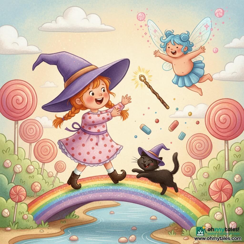 A joyful 3-year-old apprentice witch named Tilly with red pigtails and an oversized purple hat falling over her eyes, polka-dot dress and boots, reaches toward a glowing wooden wand floating above a sparkling rainbow bridge over a syrup stream; a mischievous smiling black kitten called Whiskers wearing a tiny wizard hat jumps beside her near her right leg; a small round fairy named Bubbles with curly blue hair and glittery translucent wings hovers above leaving trails of pink sparkles; the wand glows with a golden halo and playfully bounces, scattering erasers and lollipops; candy trees, marshmallow bushes and candy-floss clouds surround them in soft textures and bright pastels, capturing a warm, enchanted, playful chase as they try to catch the rebellious wand.