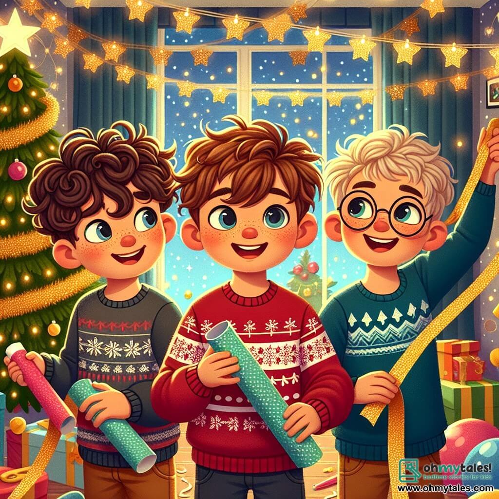 Three boys, about 10 years old, stand in the center of a festive room. Max, with curly brown hair, wears a red sweater with snowflake patterns and smiles enthusiastically. To his right, Leo, with short brown hair and round glasses, holds a colorful roll of paper and looks at his friends with sparkling eyes. On the left, Finn, with smooth blonde hair, wears a blue t-shirt and waves shiny paper stars, ready to hang them. The scene is set in a New Year's decorated living room, with twinkling lights, colorful balloons, and a large illuminated Christmas tree in the corner. Golden confetti floats in the air, adding a touch of magic to the atmosphere. The three friends are preparing for the party, hanging bright decorations, laughing, and sharing ideas to make their celebration unforgettable.