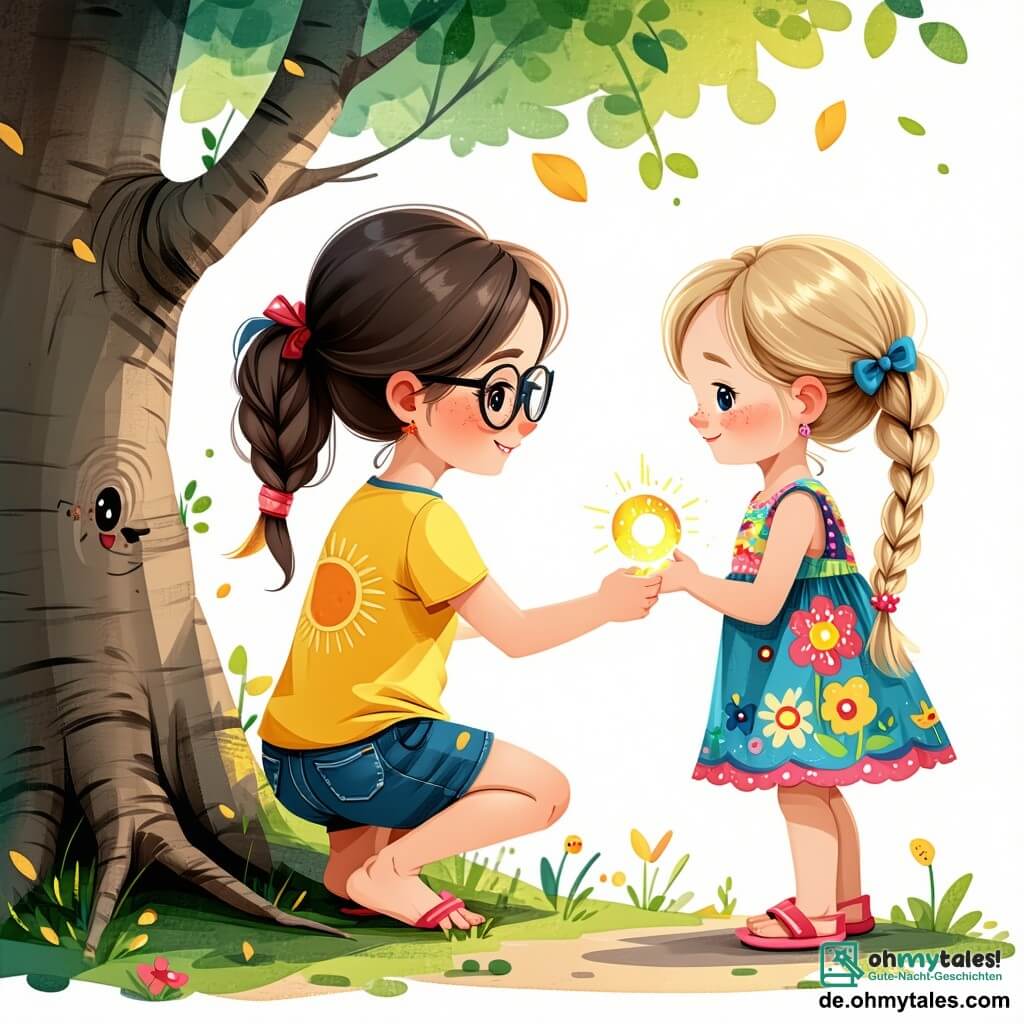 Es gibt drei Hauptfiguren: 

1. **Lena**: ein 10-jähriges Mädchen mit langen braunen Haaren und runden Brillen. Sie trägt ein gelbes T-Shirt mit einer Sonnenmotivation und eine Jeansshorts. Sie hockt neben einem Baum und untersucht neugierig einen glänzenden Gegenstand. 

2. **Mia**: ein 10-jähriges Mädchen mit geflochtenen blonden Haaren und funkelnden Augen. Sie trägt ein buntes Blumenkleid und Sandalen. Sie steht neben Lena und zeigt mit einem großen Lächeln auf den geheimnisvollen Gegenstand. 

3. **Zog**: ein kleiner grüner Außerirdischer mit großen runden Augen und Antennen auf dem Kopf. Er hat eine glatte, glänzende Haut und trägt einen silbernen Anzug. Er sitzt auf einer Baumwurzel, lächelt und schaut die Mädchen mit Staunen an. 

Die Szene spielt auf einer sonnigen Lichtung, umgeben von großen Bäumen mit dicken Stämmen und leuchtend grünen Blättern. Der Boden ist mit bunten Blumen und weichem Gras bedeckt, und ein sanfter Sonnenstrahl filtert durch die Äste und erleuchtet die Szene mit goldenem Licht. 

Die Hauptsituation zeigt die drei Freunde, die einen geheimnisvollen, funkelnden Gegenstand zwischen den Wurzeln eines majestätischen Baumes entdecken, während Zog erklärt, dass er von einem anderen Planeten kommt und Hilfe braucht, um sein Raumschiff zu reparieren.