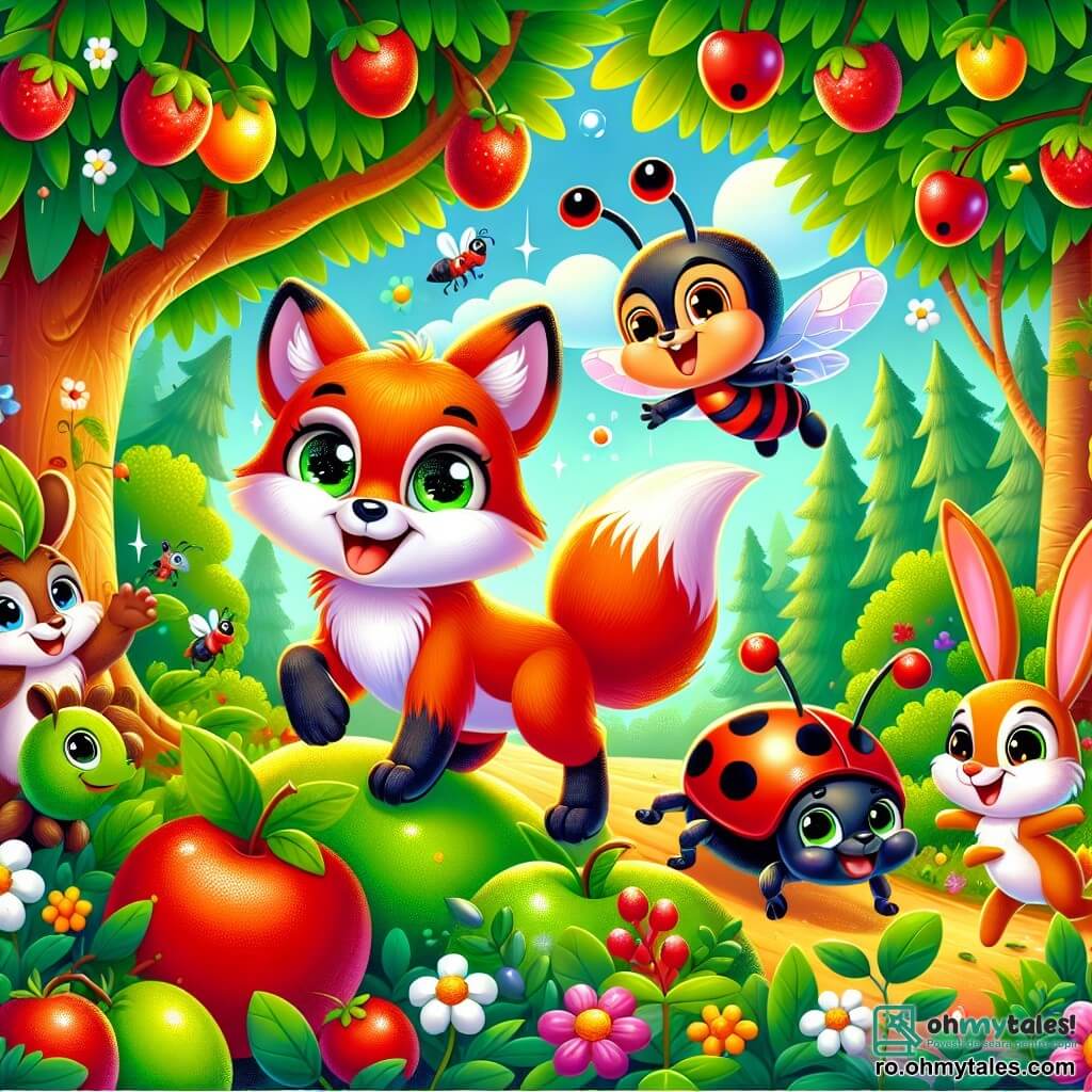 Un mic vulpix cu blană roșie strălucitoare și ochi plini de curiozitate, Felix, stă în centrul imaginii, zâmbind cu entuziasm, sărind de bucurie printre fructe colorate. În dreapta sa, o drăguță buburuză cu aripi roșii și puncte negre, Bibi, zboară veselă, afișând un zâmbet larg, pregătită să ajute. În stânga, un iepuraș cu urechi mari și albe, Ivi, sare cu entuziasm, ochii săi strălucind de excitație, în timp ce un arici cu țepi moi, Aurel, stă lângă un copac, având un aer hotărât, pregătit să scuture crengile. Scena se desfășoară într-o pădure verde, cu copaci majestuoși cu frunze strălucitoare, flori colorate împrăștiate pe sol și un pârâu strălucitor în fundal. Situația principală arată prietenii în plină acțiune, adunând fructe suculente atârnate de crengi, creând o atmosferă de bucurie și prietenie, plină de râsete și culori vii.