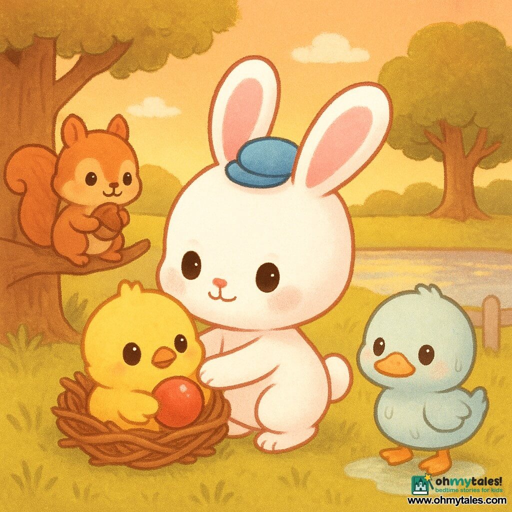 Chibi white bunny with a gentle determined expression, large pink ears and a small blue hat, kneeling and reaching a paw toward a shiny red ball; fluffy yellow chibi chick with round curious eyes nestled in a twig nest holding the red ball between its wings, looking at the bunny confidently; reddish-brown chibi squirrel with sparkling eyes perched on a low left branch holding a hazelnut and smiling; pastel-feathered chibi duck, slightly wet, standing near a small puddle on the right as witness; setting: soft grassy hill with short green grass, a weathered wooden fence, a rough-trunk tree and a glimmering pond in the background under a warm orange sunset; main moment: tender scene where the bunny retrieves its ball from the nest and gives a friendly hug to the chick, calm mood, warm colors, rounded shapes and soft textures, centered readable composition for toddlers.