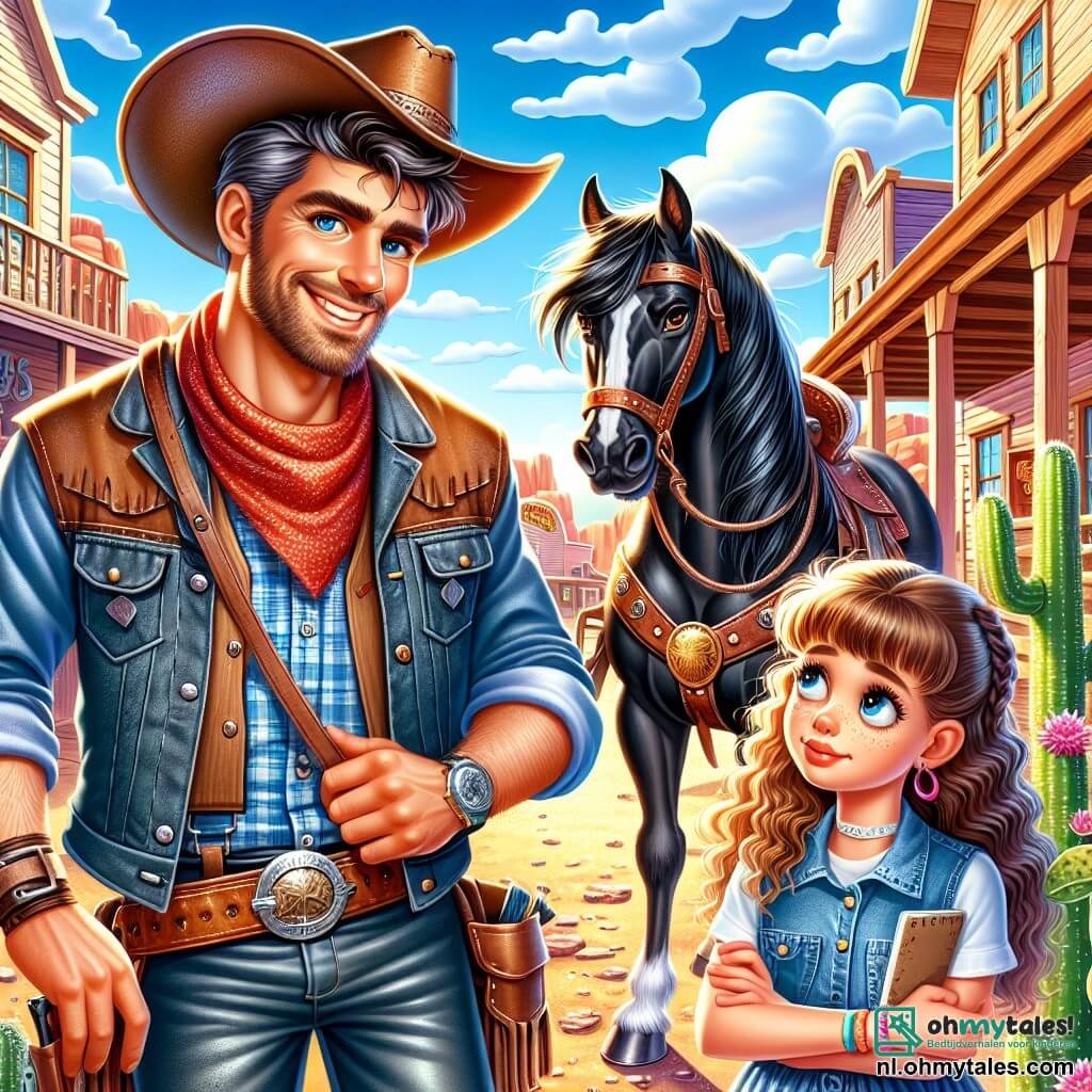 Cowboy Sam, een man met een warme glimlach en sprankelende ogen, draagt een versleten cowboyhoed, een rood geruit shirt en leren jeans. Hij staat naast zijn paard Bliksem, een prachtig zwart paard met glanzende manen, en lijkt vastberaden en nieuwsgierig. Naast hem staat een 8-jarig meisje met krullend haar en een spijkerjurk, die met bewondering kijkt en een klein notitieboekje in haar handen houdt. Ze heet Lila en is klaar om aantekeningen te maken over het avontuur. De scène speelt zich af in een klein stadje in het Wilde Westen, met houten huizen, een saloon met een rood metalen dak en cactussen die eromheen groeien. De zon schijnt in een heldere blauwe lucht en een lichte bries doet het stof van de grond opwaaien. In deze illustratie zijn Cowboy Sam en Lila in gesprek over aanwijzingen om de waardevolle gouden hoefijzer, die in de stad verloren is gegaan, te vinden. Sam wijst naar de saloon, terwijl Lila aandachtig luistert, met grote ogen vol opwinding voor het komende avontuur.