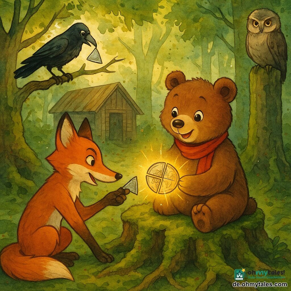Bruno, ein jugendlicher Bär mit weichem braunem Fell und glänzenden runden Augen, lächelt und hält ein goldenes Fragment, mit rotem Schal; Felix, ein schlanker rotbrauner Fuchs mit spitzen Ohren, wirkt schelmisch und reicht ein silbernes Fragment, hockend links vom moosigen Totem; ein schwarzer Rabe auf einem Ast der Scheune im Hintergrund hält das vierte Fragment im Schnabel; ein alter grauer Uhu sitzt aufmerksam auf einem Pfosten rechts; Ort: feuchte Waldlichtung mit grünem Moos, flechtenbedeckten Stümpfen und goldenen Sonnenstrahlen; Hauptszene: die beiden setzen vier Medaillenfragmente auf einem moosigen Baumstumpf zusammen, die Medaille leuchtet golden und offenbart eine kleine eingravierte Karte, warme Atmosphäre, deutlich sichtbare Fell-, Holz- und Metalltexturen sowie Tuschedetails.