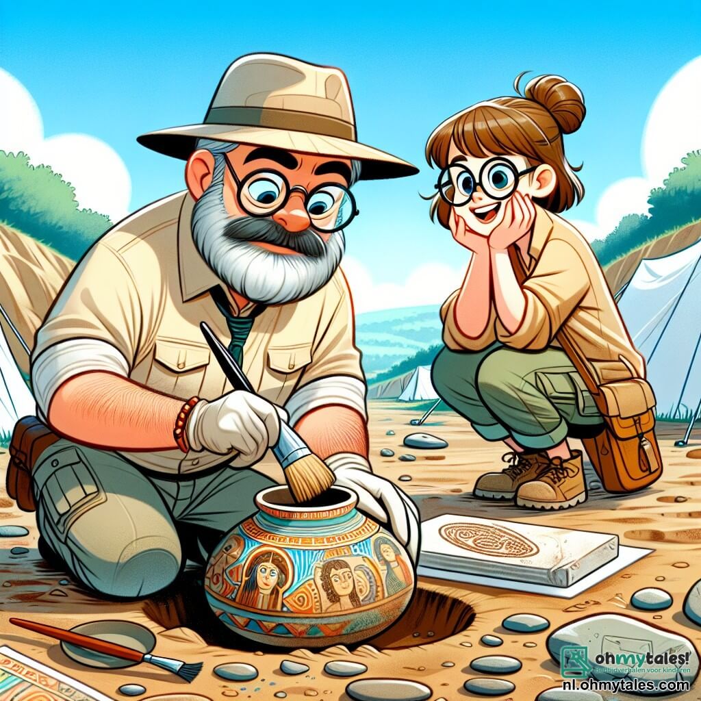 Een mannelijke archeoloog van ongeveer veertig jaar, met ronde bril en een peper-en-zout baard, is geknield in een opgraving, zijn gezicht verlicht door de opwinding van zijn ontdekking. Hij draagt een beige overhemd met opgestroopte mouwen en een strohoed, en houdt een penseel in één hand, terwijl hij voorzichtig een oude pot versierd met kleurrijke motieven schoonmaakt. Naast hem onderzoekt een jonge vrouw van ongeveer dertig jaar, met bruin haar in een paardenstaart en een enthousiaste glimlach, een gegraveerd stuk steen. Ze draagt een licht jack en cargobroek en leunt iets naar voren, gefascineerd door de mysterieuze inscripties. De locatie is een uitgestrekte archeologische opgraving in de open lucht, omringd door groene heuvels onder een stralende blauwe lucht. Witte tenten zijn rondom opgezet, en archeologische gereedschappen liggen verspreid over de grond, terwijl stenen en fragmenten van potten zichtbaar zijn in de aarde. De hoofdscène toont de archeoloog die een prachtige oude pot ontdekt, terwijl de jonge vrouw hem helpt de inscripties op de steen te ontcijferen, wat een sfeer van nieuwsgierigheid en avontuur creëert, vol beloftes van nieuwe verhalen om te vertellen.