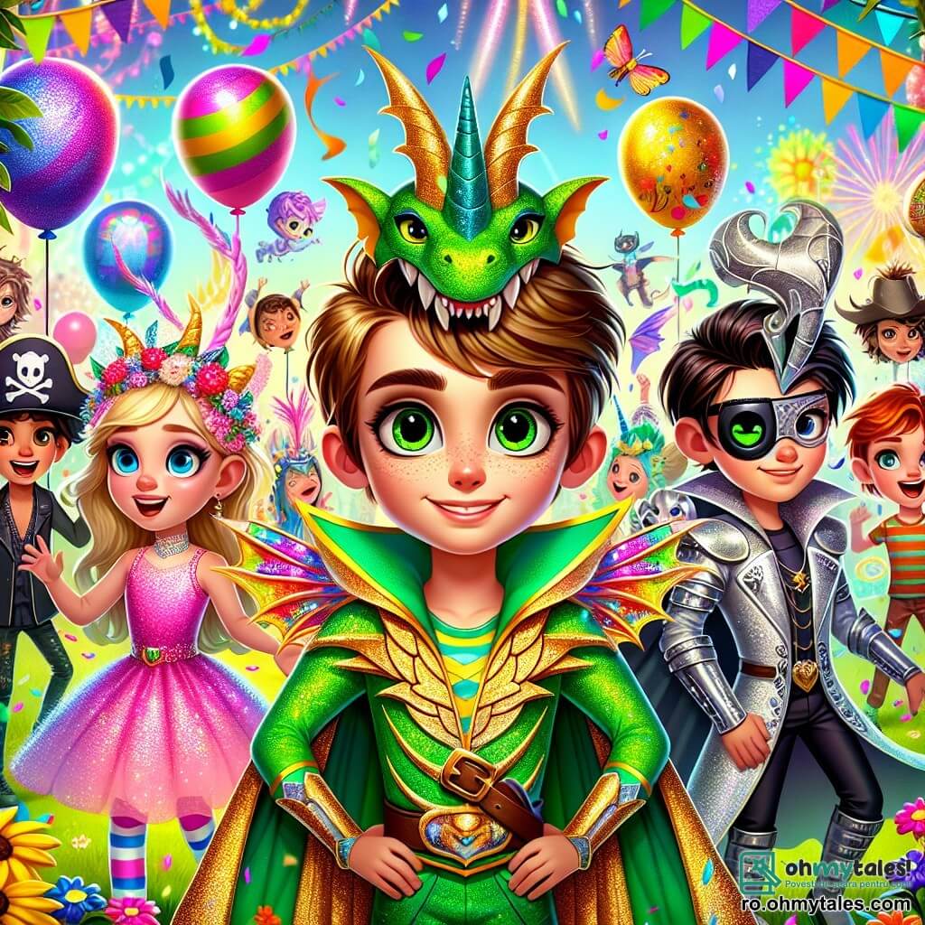În centrul imaginii, Andrei, un băiat de opt ani cu păr brunet și ochi verzi strălucitori, este îmbrăcat în dragon. Poartă un costum verde strălucitor cu solzi aurii și mari aripi colorate. La dreapta lui, Maria, o fetiță de șapte ani cu păr blond și ochi albaștri, este îmbrăcată într-o rochie roz strălucitoare și cu aripi de zână din hârtie. La stânga, Radu, un băiat de opt ani cu păr negru și ochelari, este îmbrăcat în pirat cu o pălărie cu pene și un fular cu modele de cranii. În cele din urmă, Alex, un băiat de nouă ani cu păr roșcat și pistrui, poartă un costum futurist argintiu cu o vizieră strălucitoare. Decorul este un parc plin de culori, umplut cu baloane plutitoare, ghirlande luminoase și flori strălucitoare. Copiii râd și dansează în jurul lor, în timp ce un mare copac cu frunze verzi strălucitoare se ridică în fundal, decorat cu felinare colorate. Scena principală îi arată pe cei patru prieteni sărbătorind carnavalul, toți zâmbind și dansând împreună, cu confeti zburând în aer, creând o atmosferă veselă și festivă.