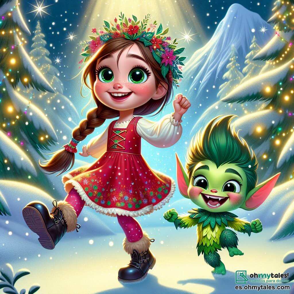 Una niña de 7 años, llamada Sofía, se encuentra en el centro de la escena, con los ojos brillantes de emoción y una gran sonrisa. Tiene el cabello largo y trenzado con cintas de colores, y lleva un vestido rojo con lunares blancos y botas de cuero negro. Sofía está bailando alegremente, rodeada de copos de nieve que caen suavemente. A su lado está Rayo, un pequeño duende luminoso con piel verde brillante y grandes orejas puntiagudas, que parece tener unos 10 años. Lleva un traje colorido hecho de hojas y flores, y levanta los brazos riendo con alegría, pareciendo flotar sobre el suelo. Al fondo, se alza majestuosamente la montaña de Nieve Dulce, cubierta de una espesa capa de nieve brillante, rodeada de árboles nevados y luces de Navidad que crean una atmósfera mágica. Sofía y Rayo celebran la magia de la Navidad, riendo y disfrutando tras descubrir un regalo mágico que traerá alegría al pueblo, bajo un cielo nocturno iluminado por estrellas brillantes.