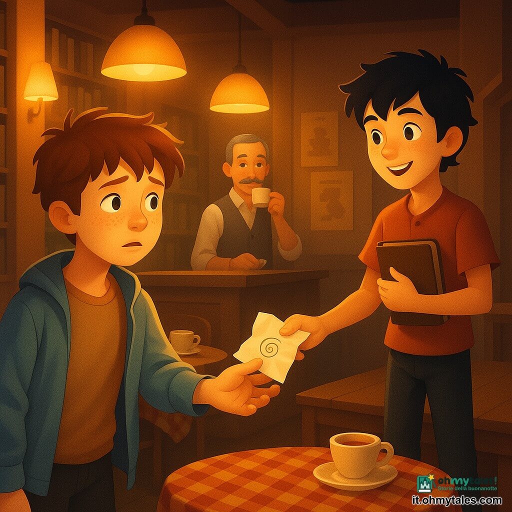 Un ragazzo di 12 anni, viso rotondo con lentiggini, sguardo curioso e timido, capelli castani spettinati, con maglietta semplice e giacca leggera sulle spalle, porge un pezzo di carta accartocciato con un piccolo simbolo a spirale, mano leggermente tremante; un altro ragazzo di circa 12 anni, capelli neri scompigliati, occhi vivaci e sorriso sollevato, in piedi su un piccolo palco di legno a pochi passi, riceve il foglio mentre tiene un quaderno rilegato in pelle; un uomo di circa 50 anni, capelli grigi e baffetto sottile, in gilet, osserva benevolo vicino al bancone sorseggiando un caffè; luogo: piccolo caffè letterario antico con luce calda, boiserie scure, scaffali pieni di libri, tovaglie a quadri e tazze di porcellana su tavoli rotondi; situazione: scambio cruciale di carta dopo una lettura pubblica, luce dorata sui volti, atmosfera intima e lievemente magica, la spirale sul foglio e una piccola bussola nella tasca del ragazzo suggeriscono un viaggio nel tempo.